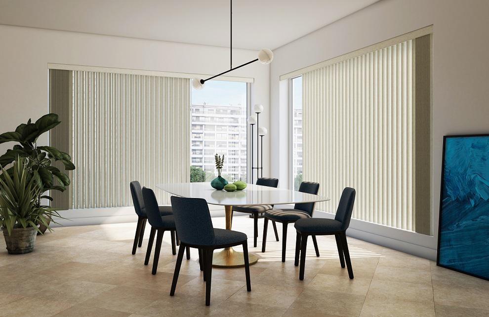 Adding Vertical Blinds by Budget Blinds to your room creates a simple and crisp look. This dining room features a minimalist elegance that works extremely well in modern homes.  BudgetBlindsPointLoma