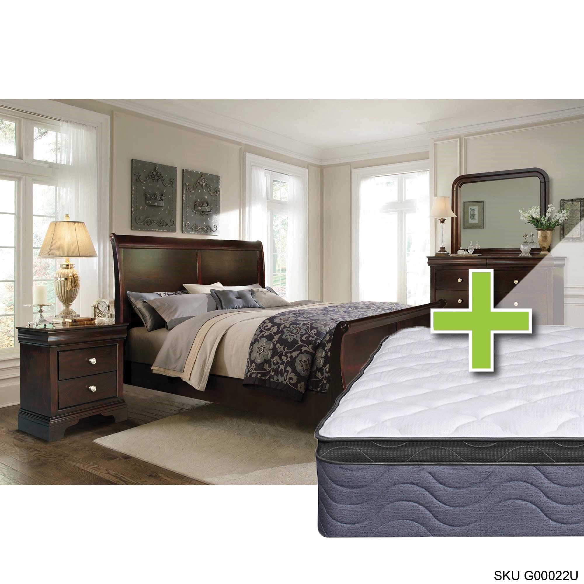 Queen Dominique Bed w/9.5" Pillow Top Med. Plush Mattress & Dresser, Mirror, Nightstand