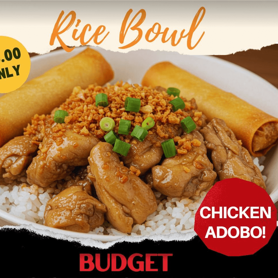 Rice Bowl 4 Chicken Adobo+ 2 Lumpia + Canned Soda