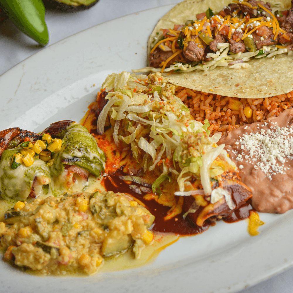 #4 Manchego Shrimp, Carnita Enchilada, Carne Asada Taco