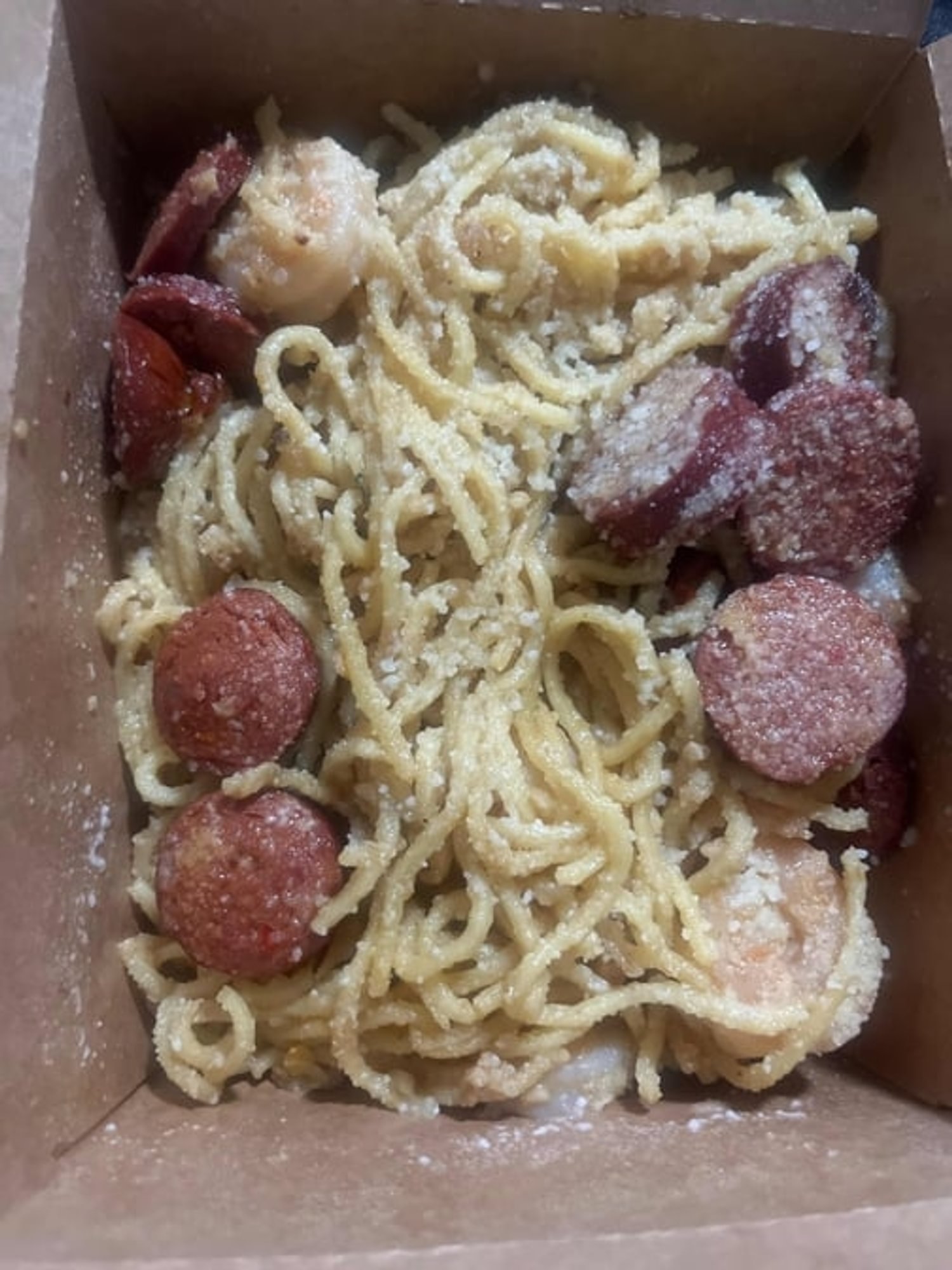 Garlic Noodles with Shrimp and a Hot Link