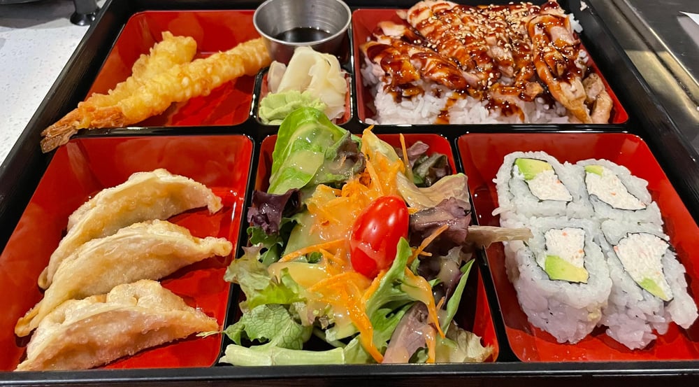 TERIYAKI BENTO, CHICKEN, GYOZA 3, SHRIMP 2, H-SALAD, CALI 4 PC