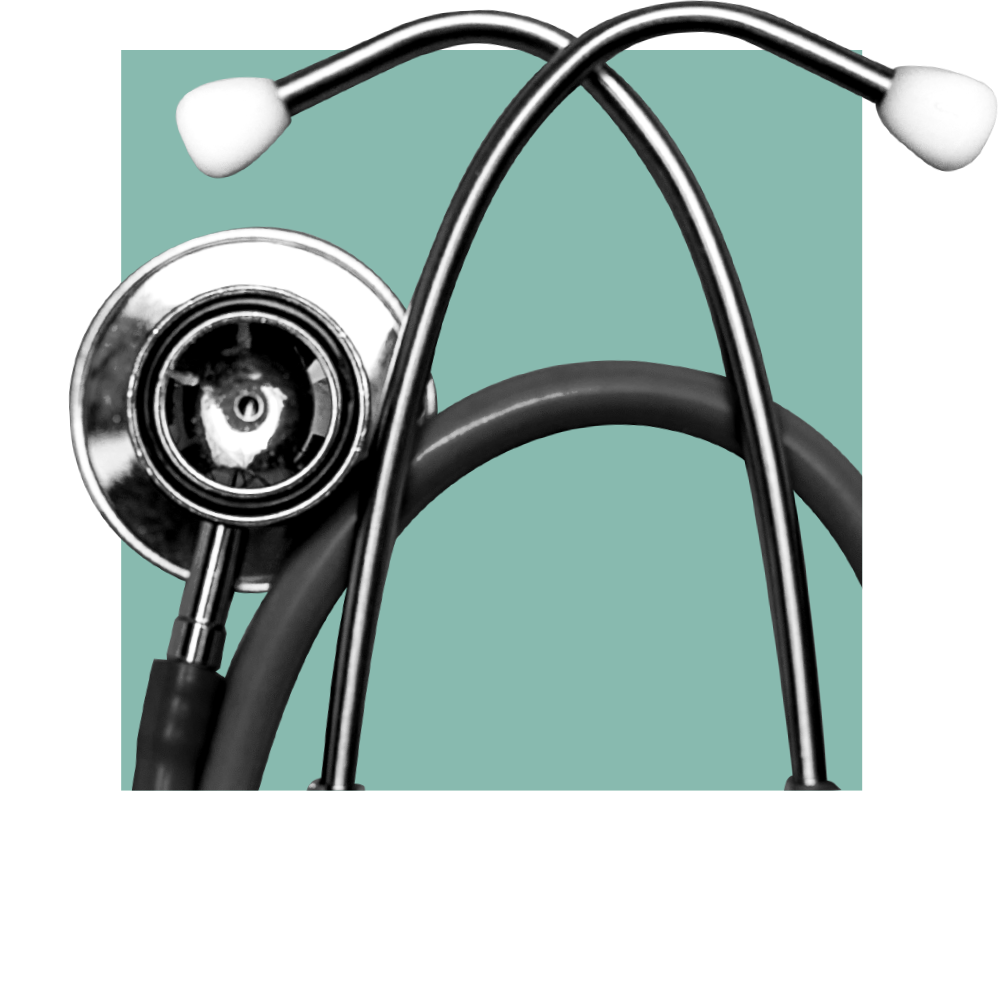 Partial view of a folded Stethoscope on top of a green square.