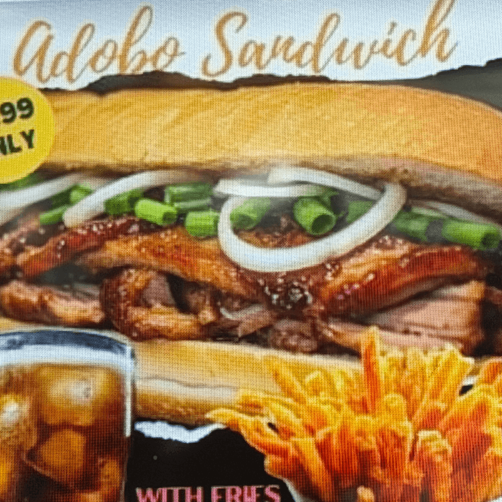Adobo Sandwich, Fries and Drinks