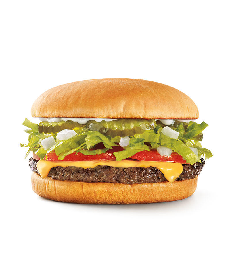 A perfectly seasoned, 100% pure beef patty topped with melty American cheese, crinkle-cut pickles, chopped onions, fresh shredded lettuce & ripe tomatoes with your choice of mustard, mayo or ketchup. 