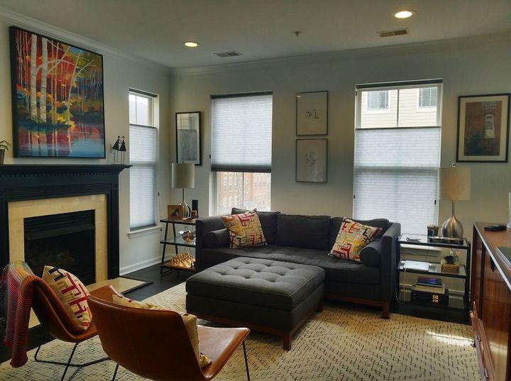 Our up-to-the-minute styled Top-Down, Bottom-Up Cellular Shades elevates the style quotient and fills the room with light without compromising on the privacy of this lovely living space of Alexandria, VA.  BudgetBlindsArlingtonAlexandria  CellularShades  TopDownBottomUpShades  FreeConsultation