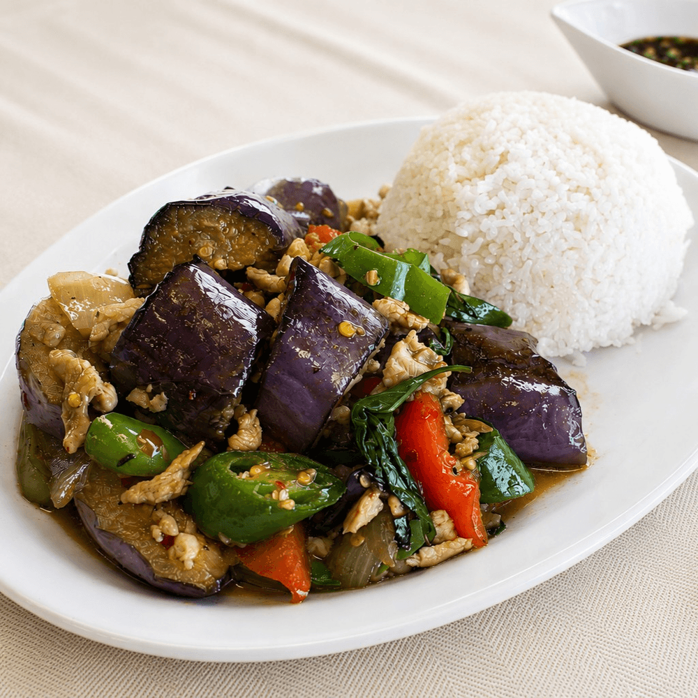 84. Thai Basil Eggplant Over Rice