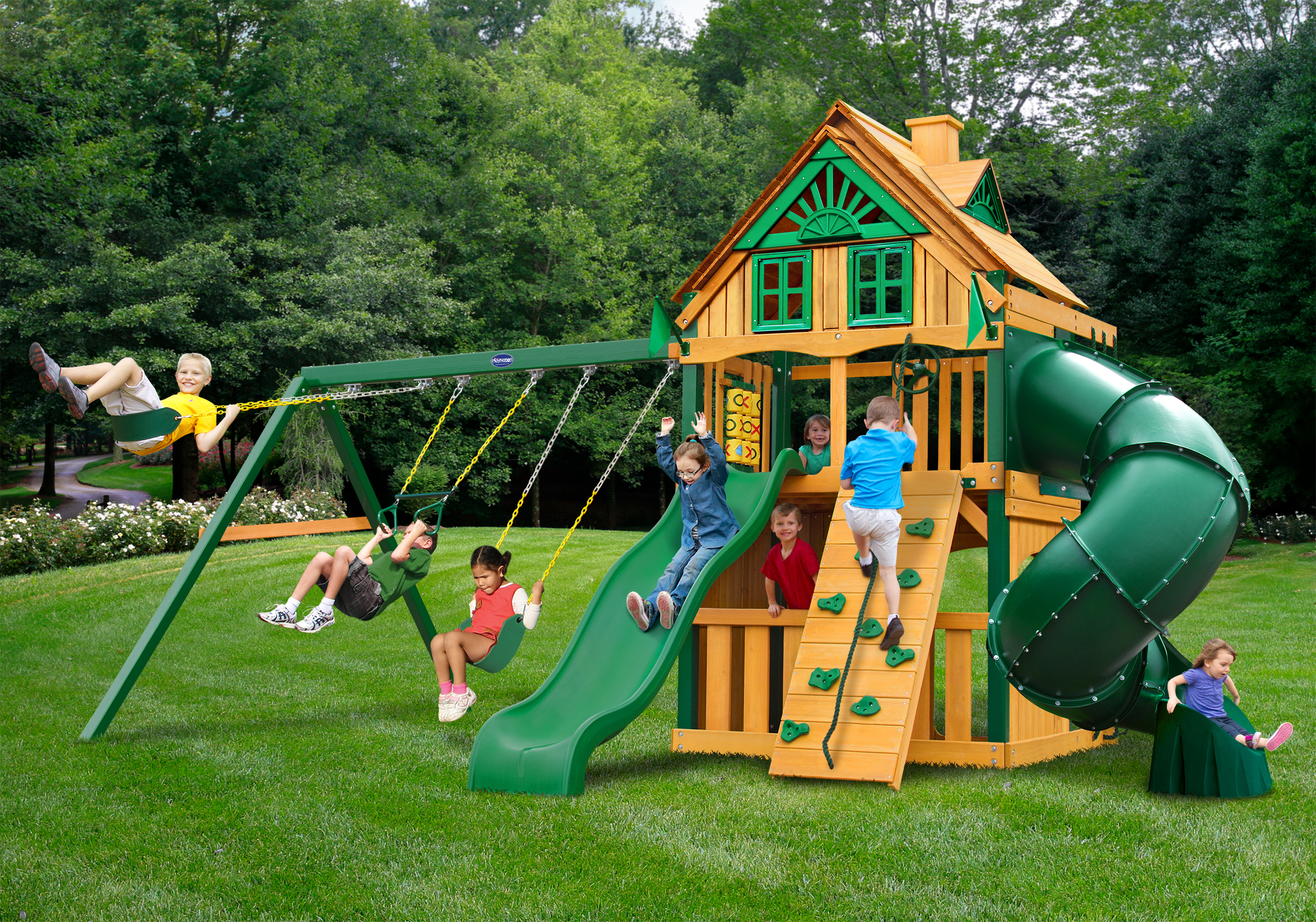 Horizon Clubhouse w/ Tube Slide & Treehouse Wood Roof w/o Fort Add-On