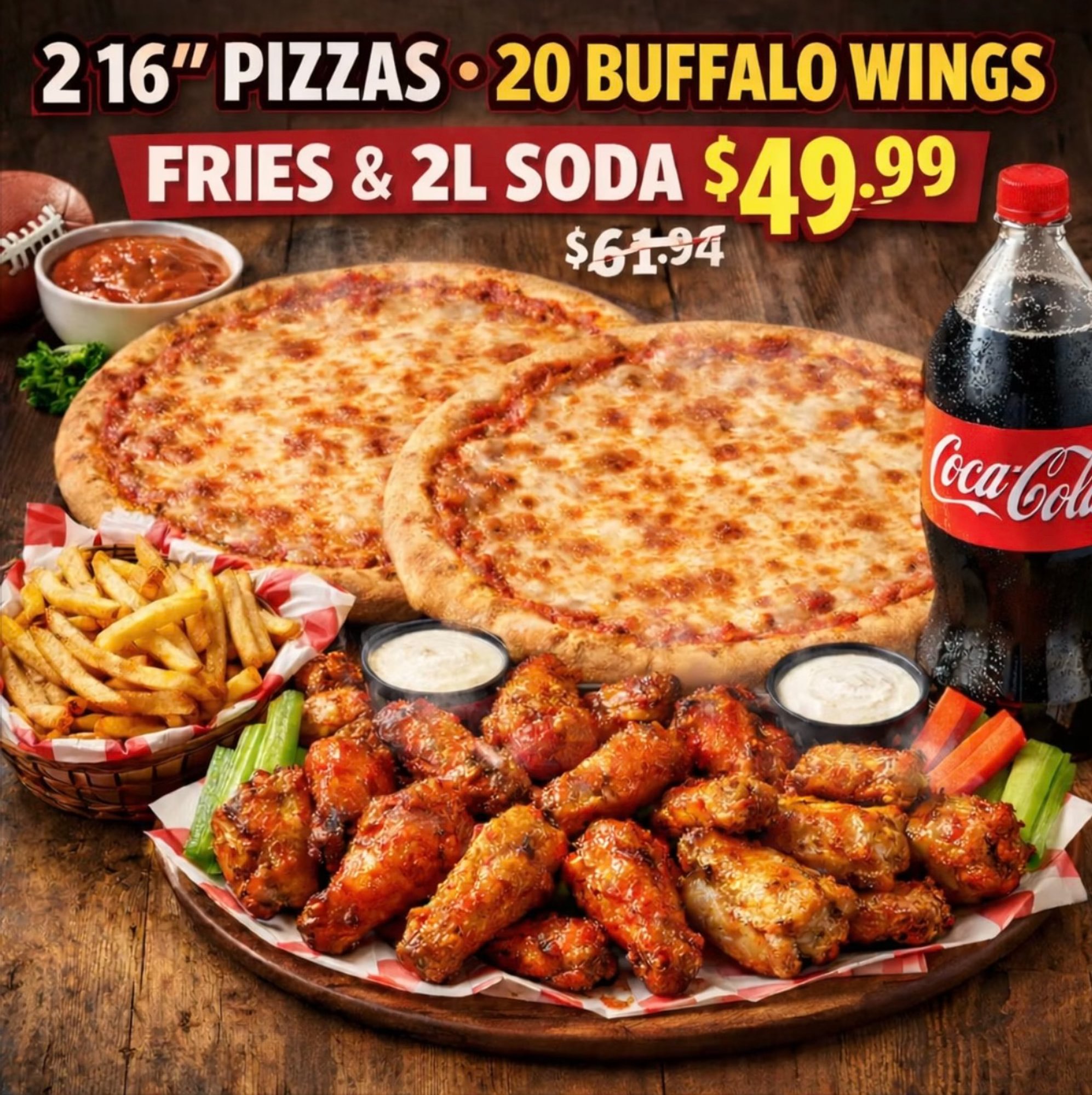 2 Large Cheese Pizza, 20 Wings, Fries & Soda