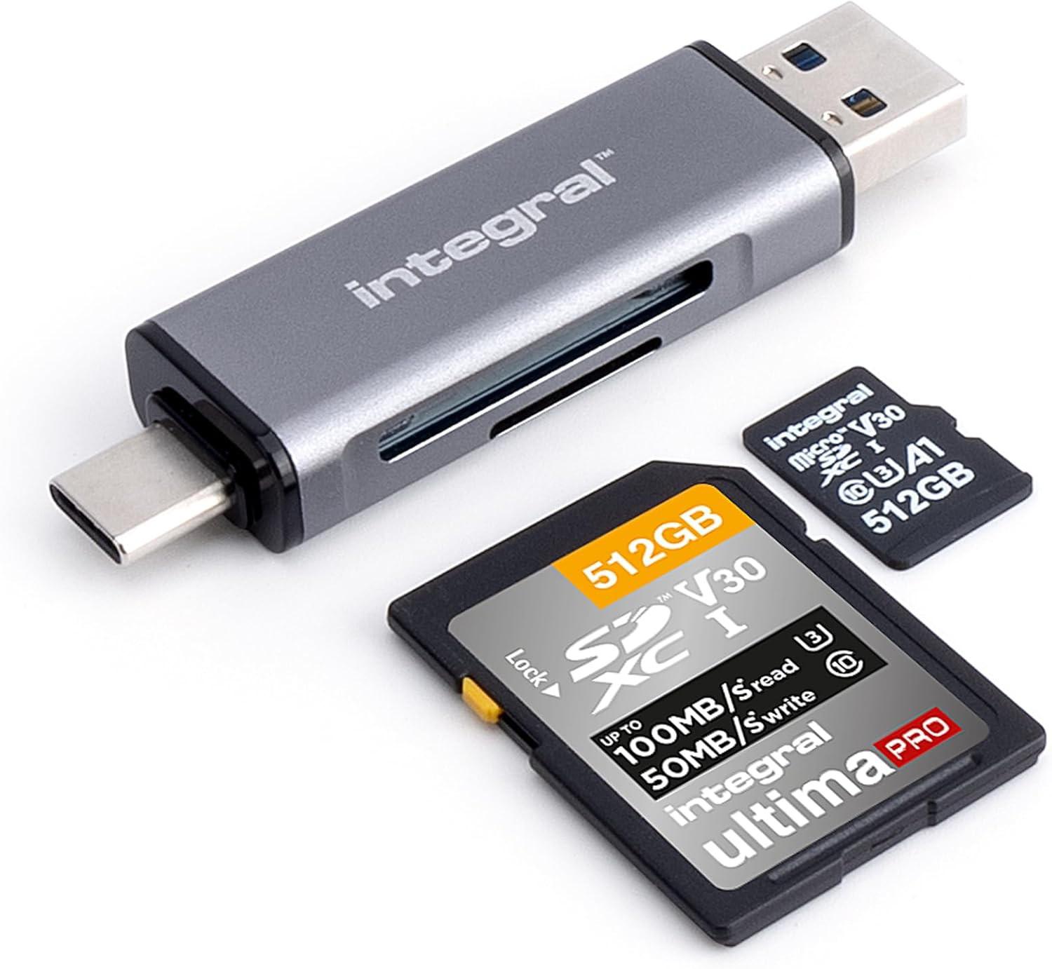 Integral SD and microSD Memory Card Reader | Dual Ended – USB 3.2 Gen 1 Type-A and USB Type-C Connec