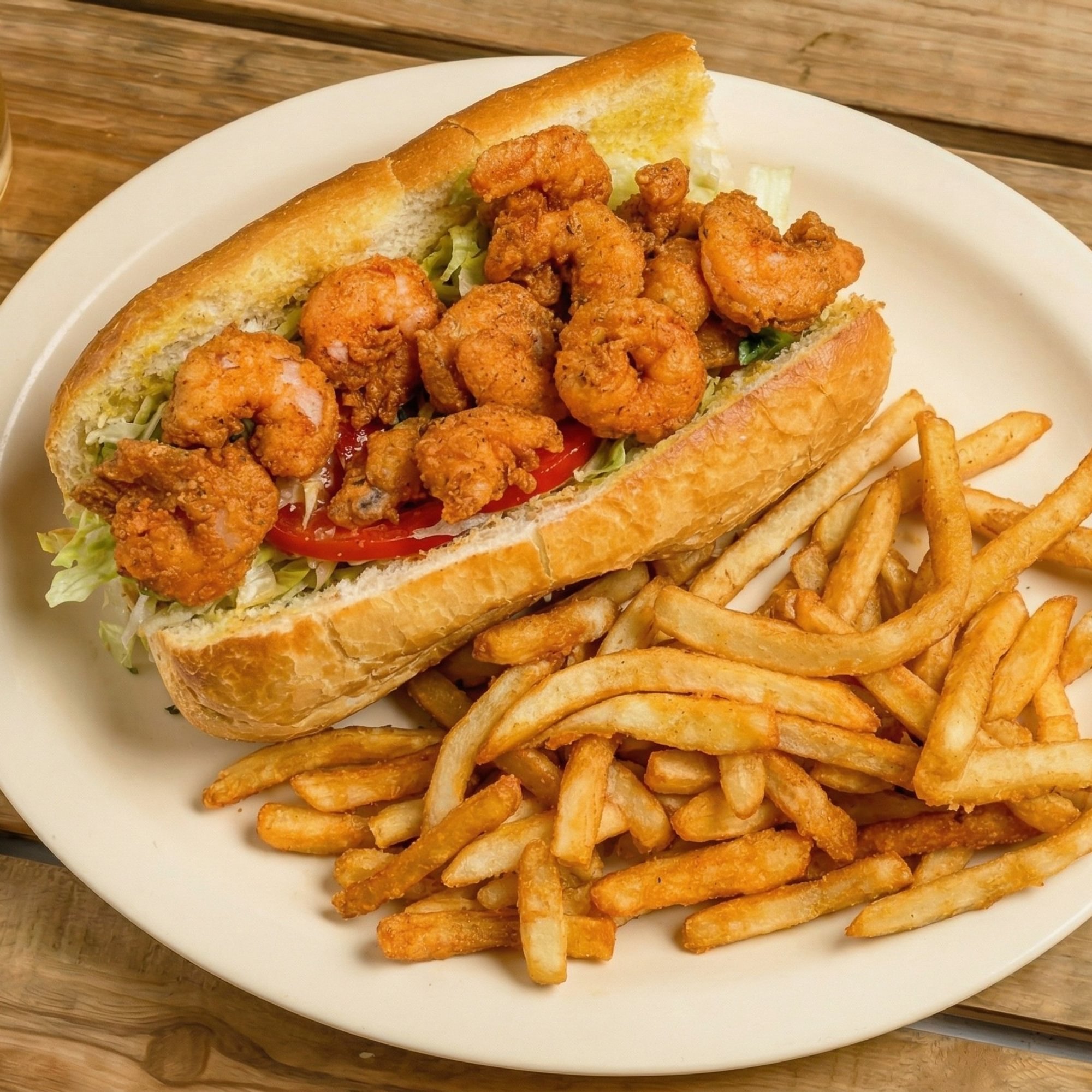 Shrimp Po-Boy and French Fries