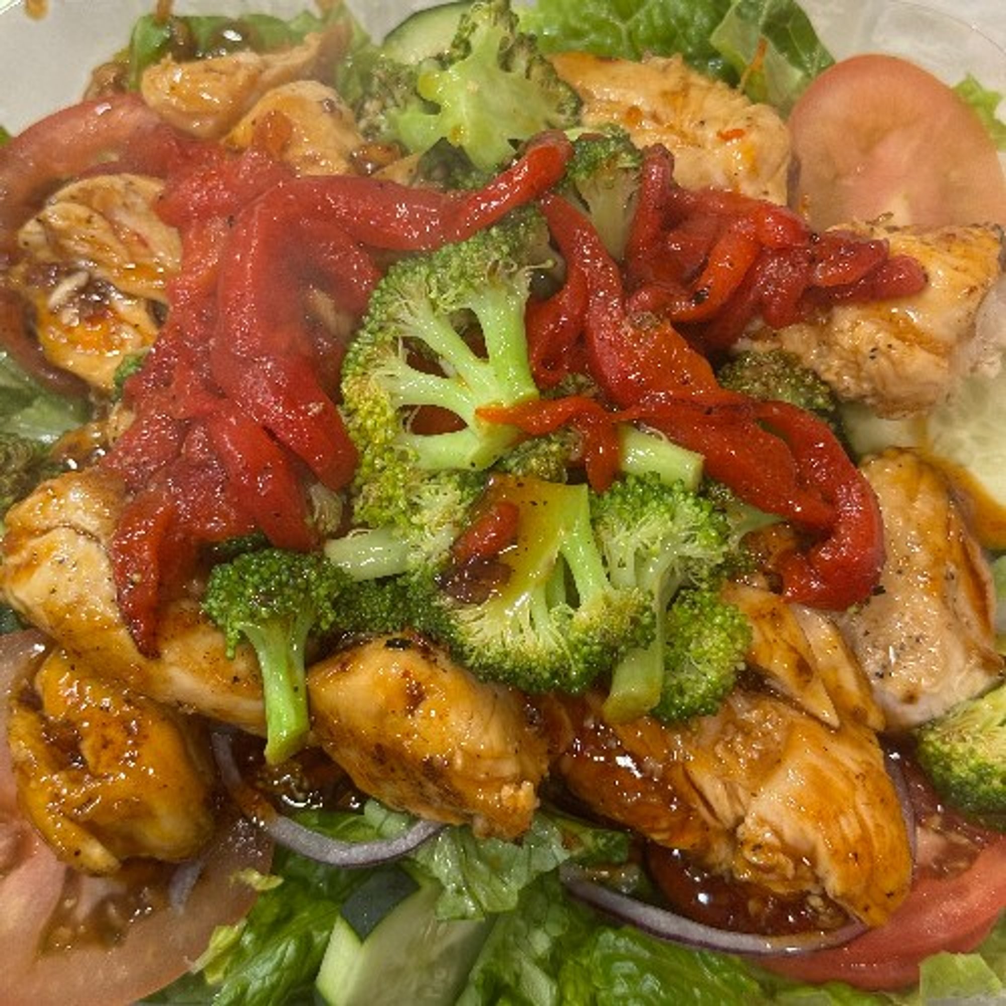 Asian Sweet Chili Chicken Salad with broccoli and roasted peppers