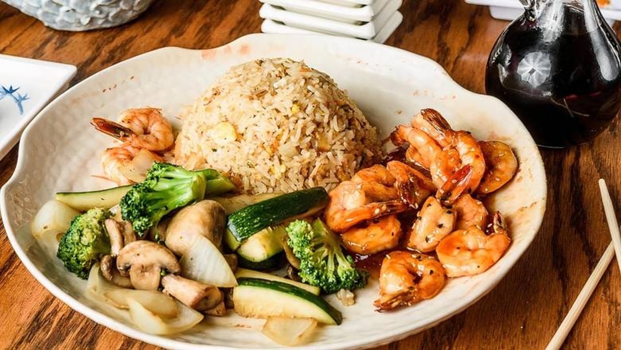Teriyaki Shrimp Dinner Plate •