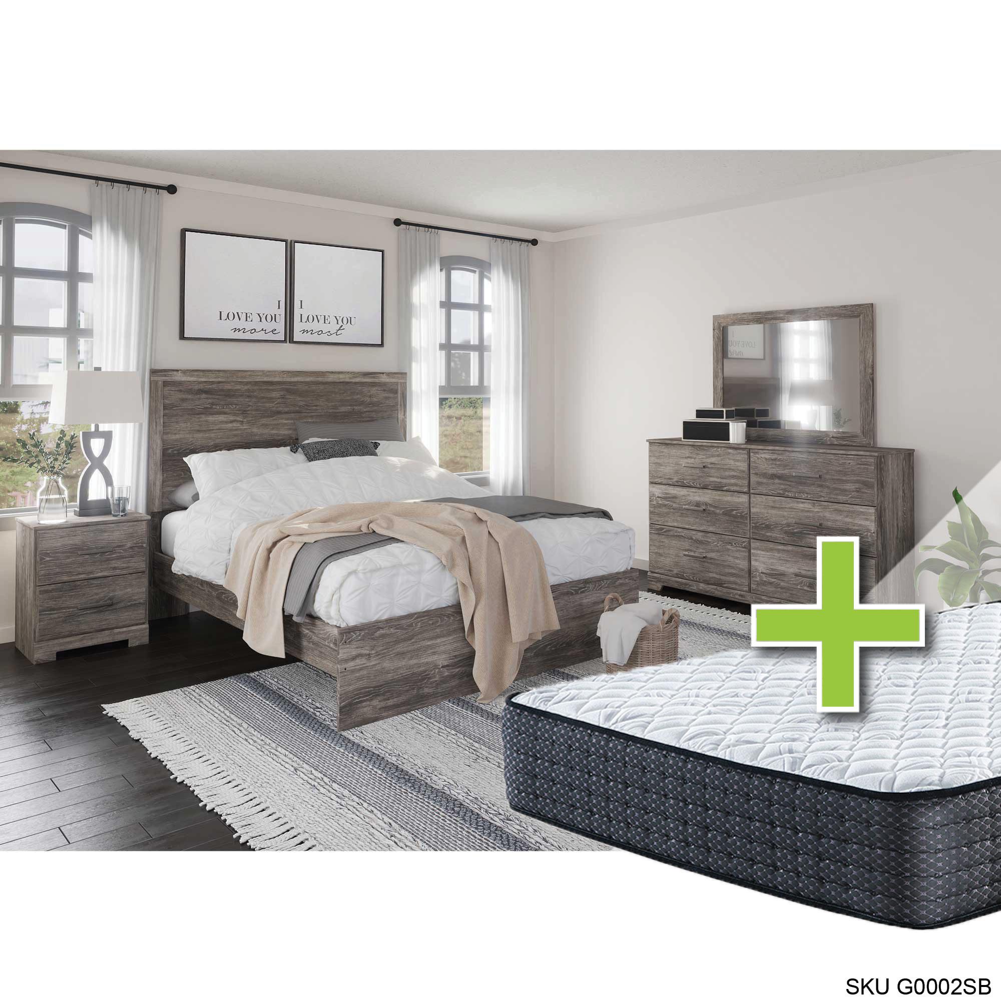 Queen Ralinski Bed w/12" Firm Mattress & Dresser, Mirror, Nightstand