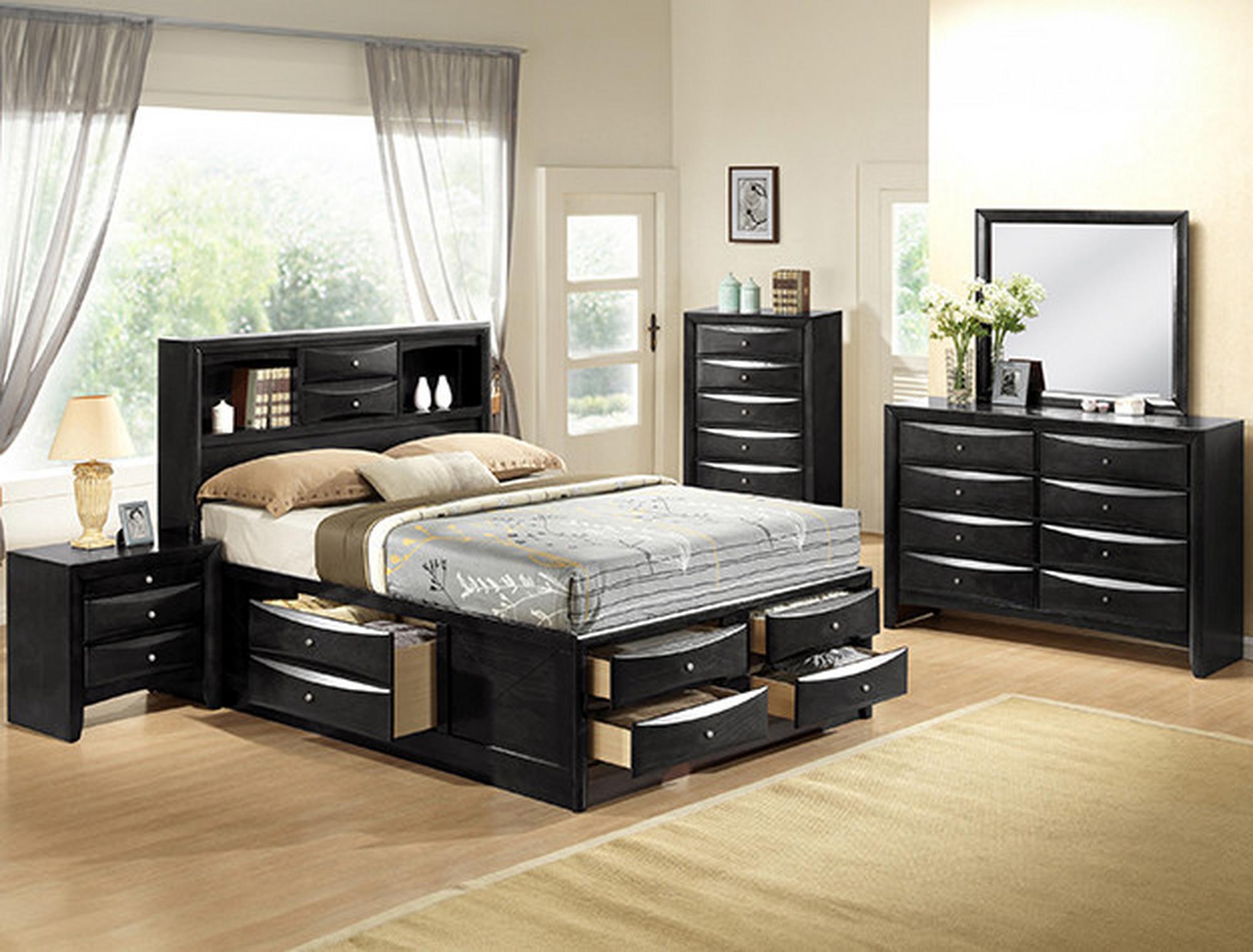 Emily King Bedroom Set w/ Bed, Chest, Dresser, Nightstand,  Mirror - Black