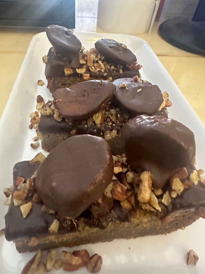 Chocolate Dipped Pecan Banana Cake