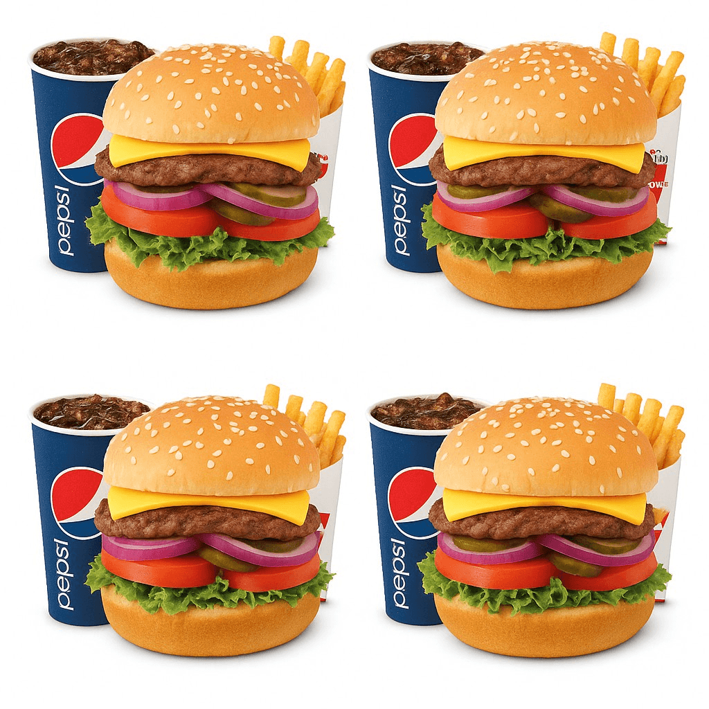 4 1/4 Lb Cheeseburger, 4 Fries & 4 Drinks
