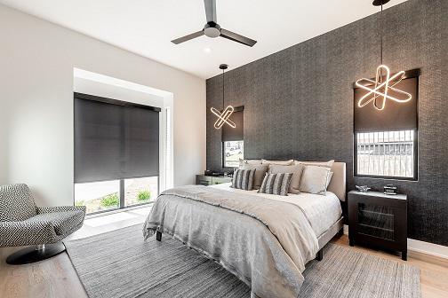 Want to sleep in? Don't get out of bed to close the Shades! Try our Motorized Roller Shades instead! You can see them here in this perfectly coordinated bedroom!