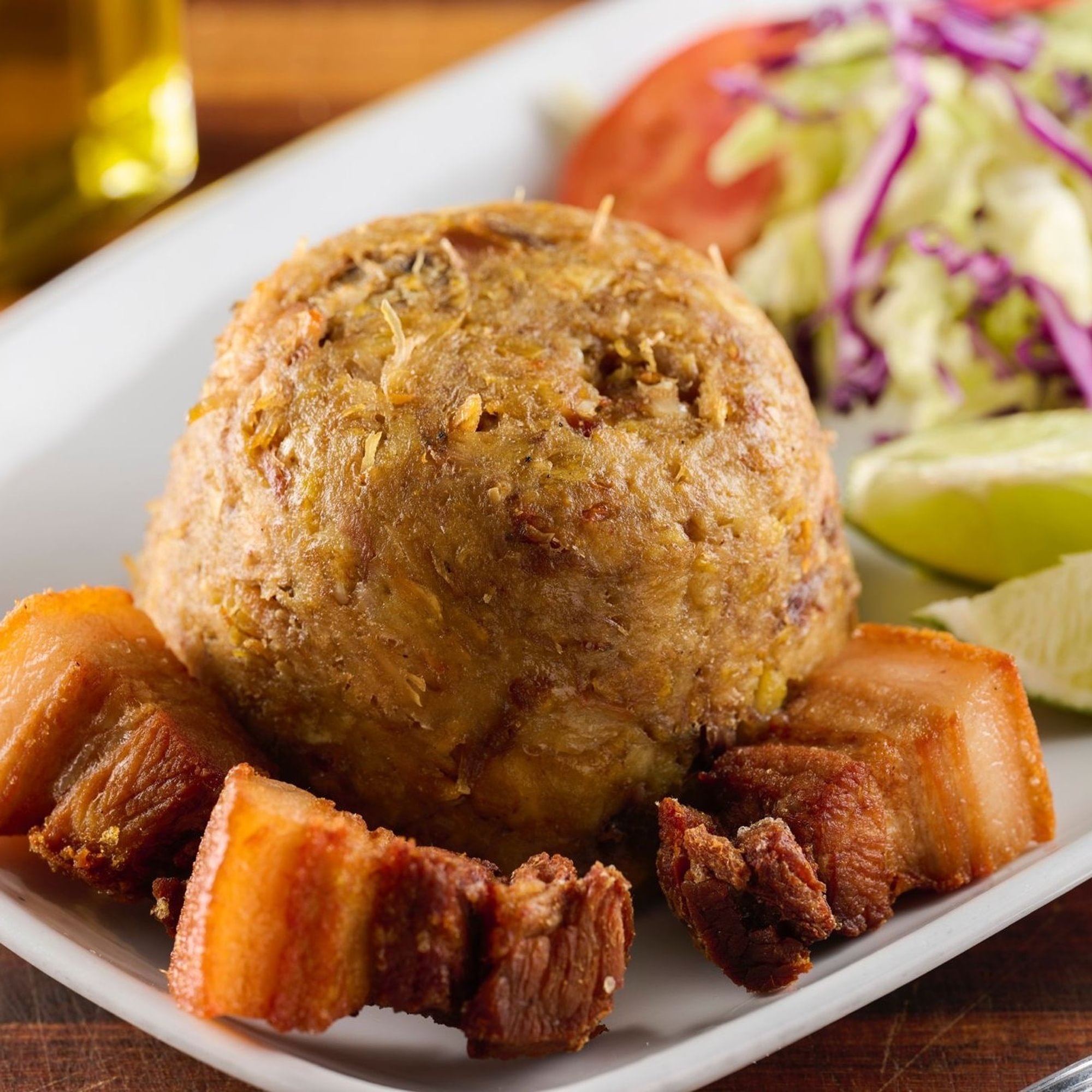 Mashed Green Plantain with Fried Pork Chunks