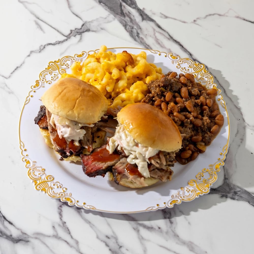 2 Pulled Pork Tacos or Sliders with Two Sides