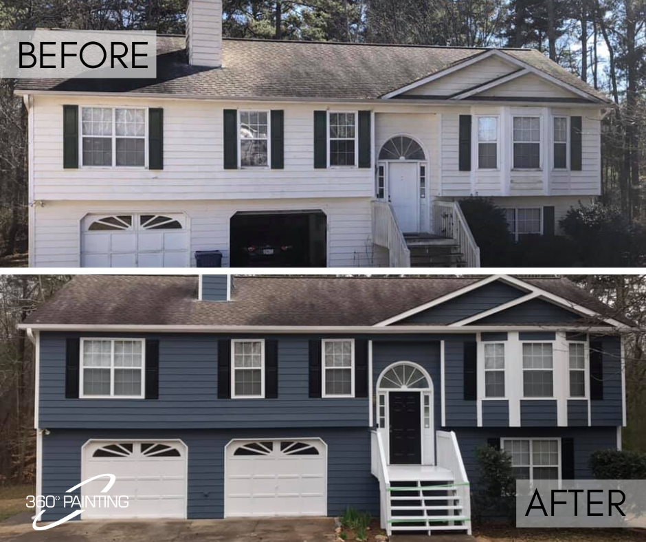 Before and after of an exterior painting job.