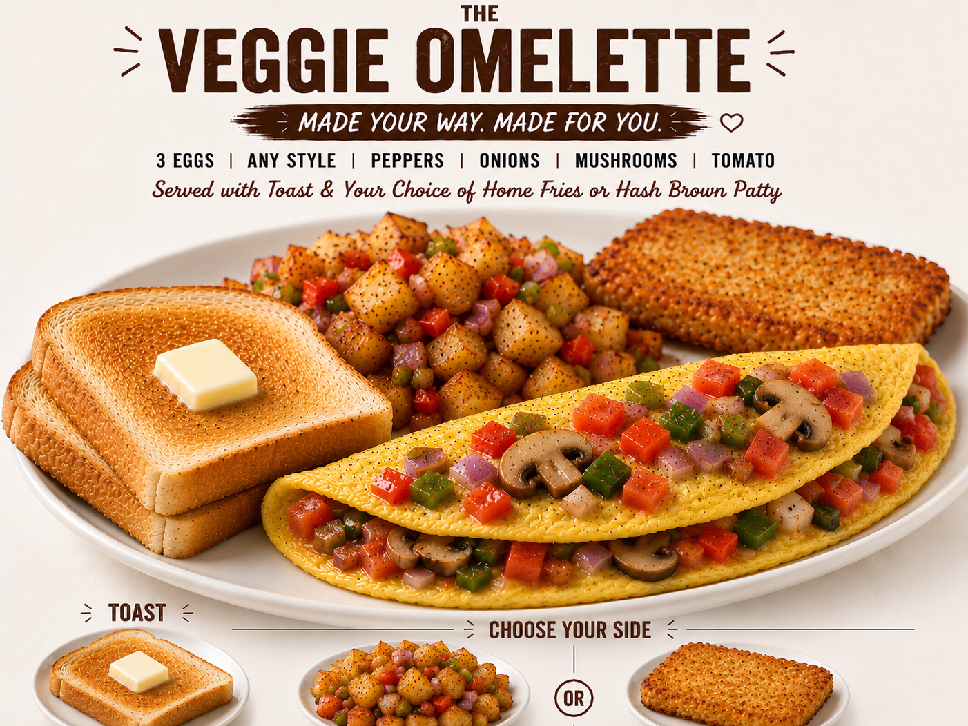 Veggie Omelet Pep Mush Onion Tom