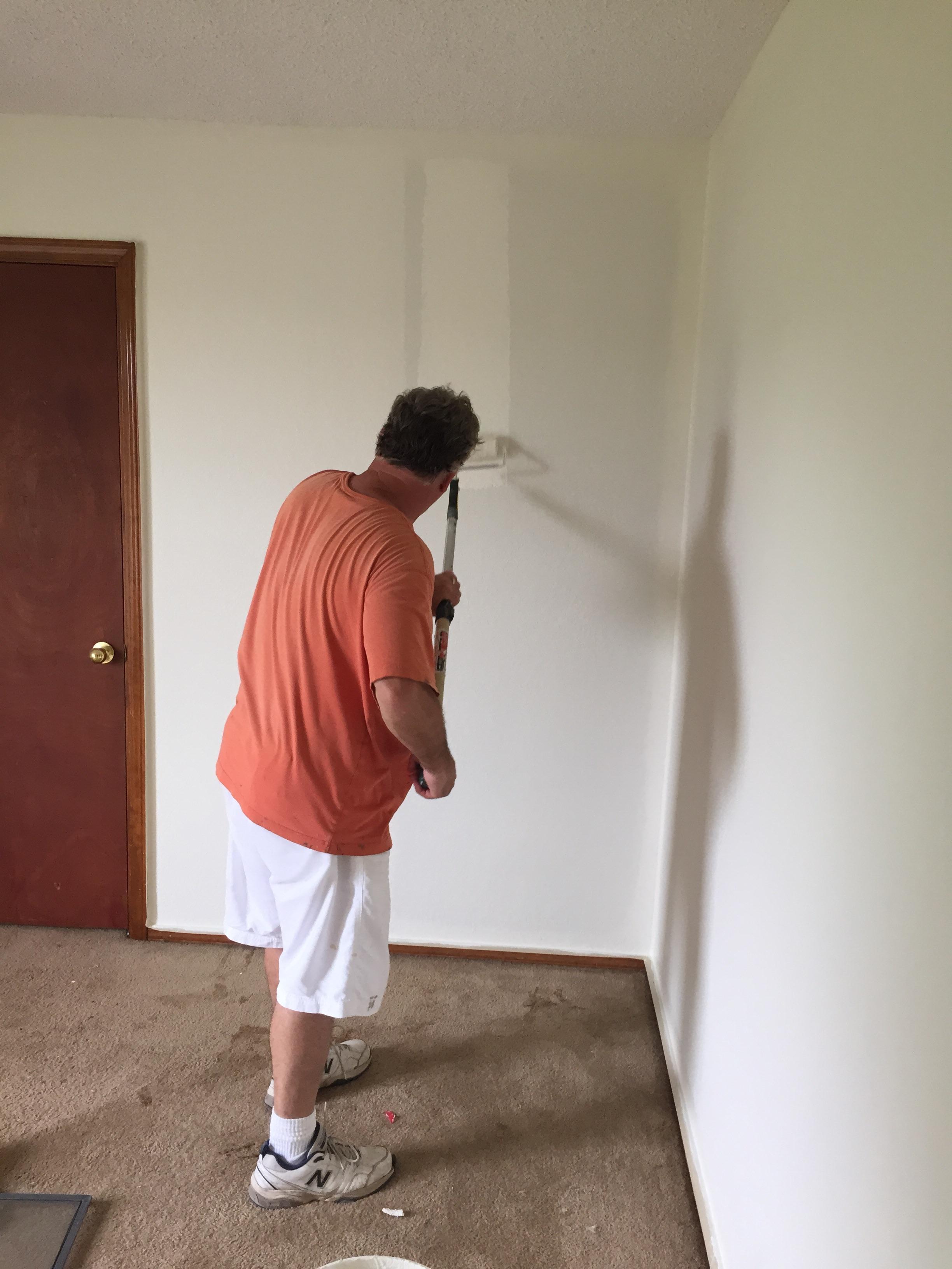 In the process of rolling fresh paint on a remodel home. 