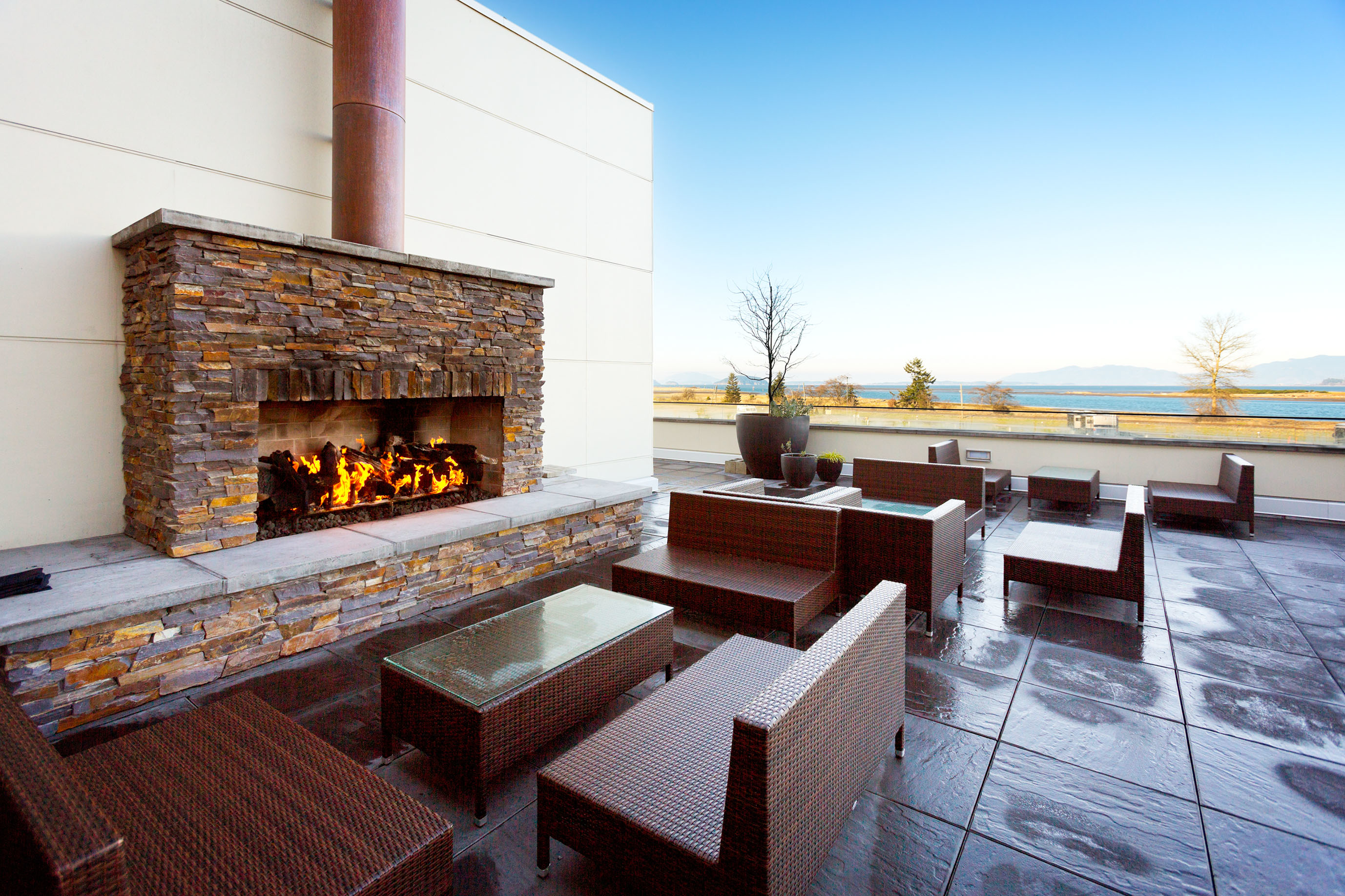 Patio with fireplace