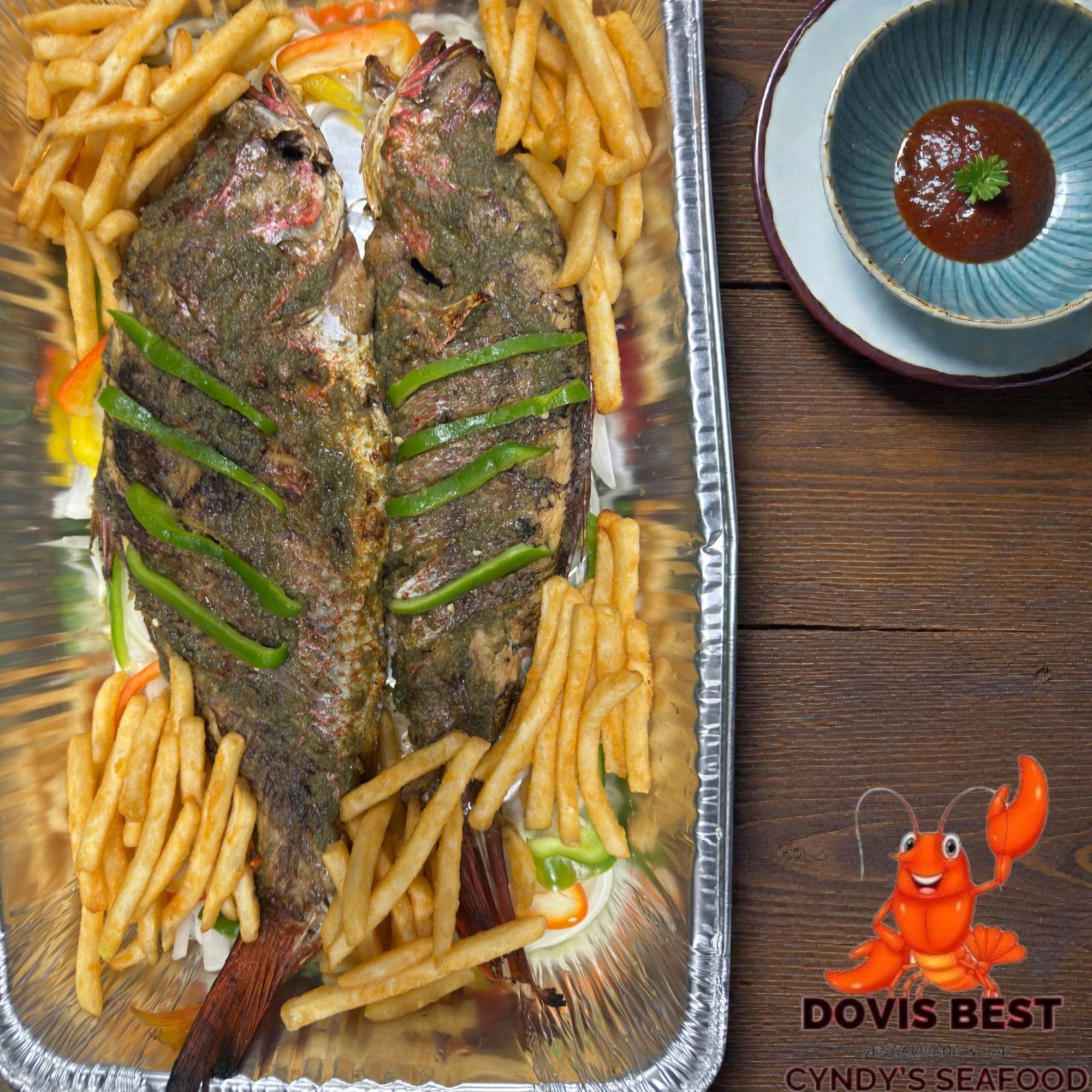 Grilled Red Snapper with Fried Plantains, French Fries or Jollof Rice