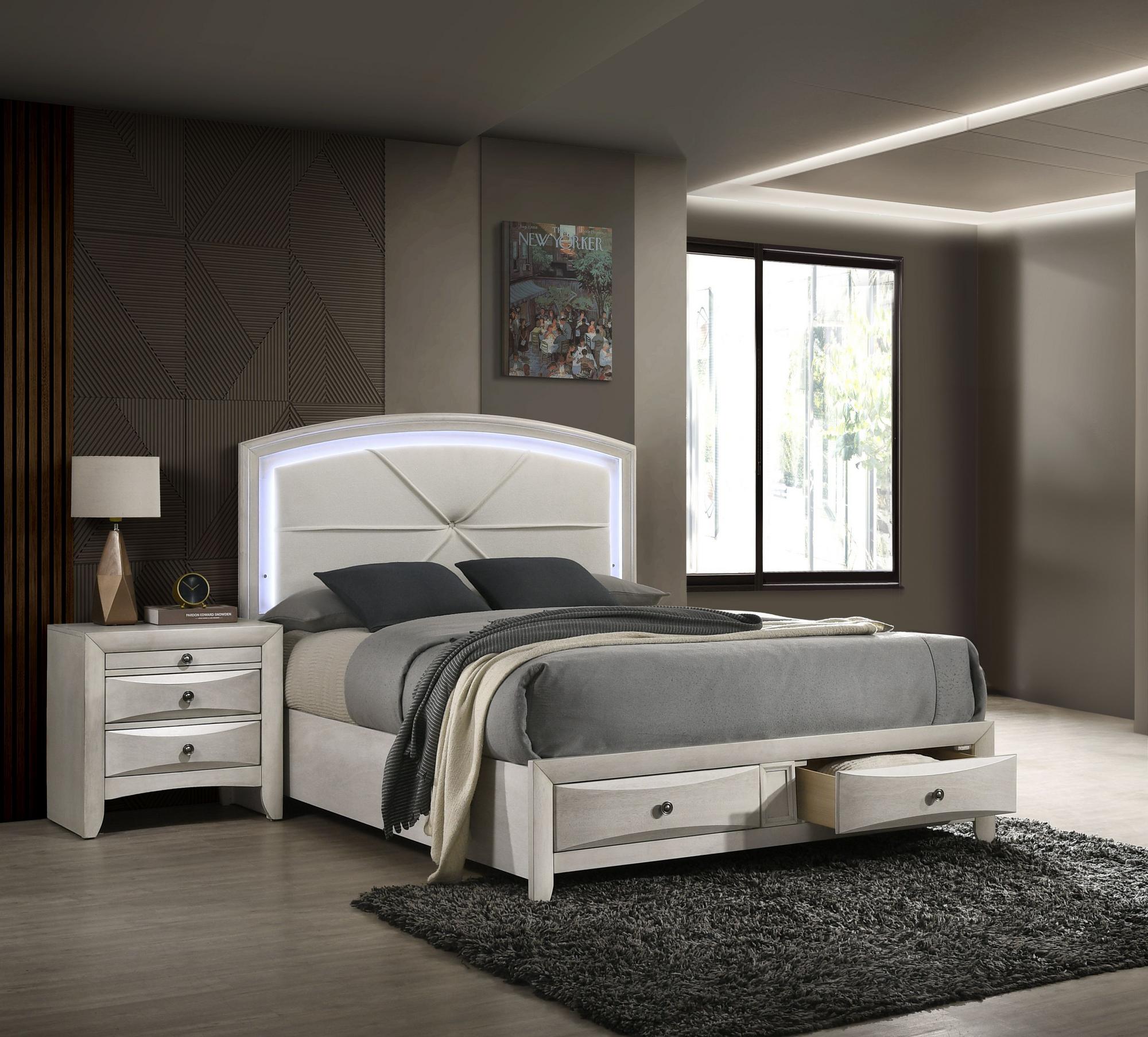 Ramondi Queen Bed w/ Nightstand & LED - Antique White