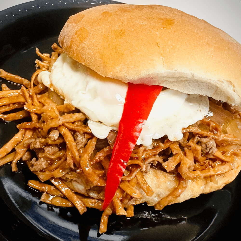 Portuguese steak chow mein sandwich