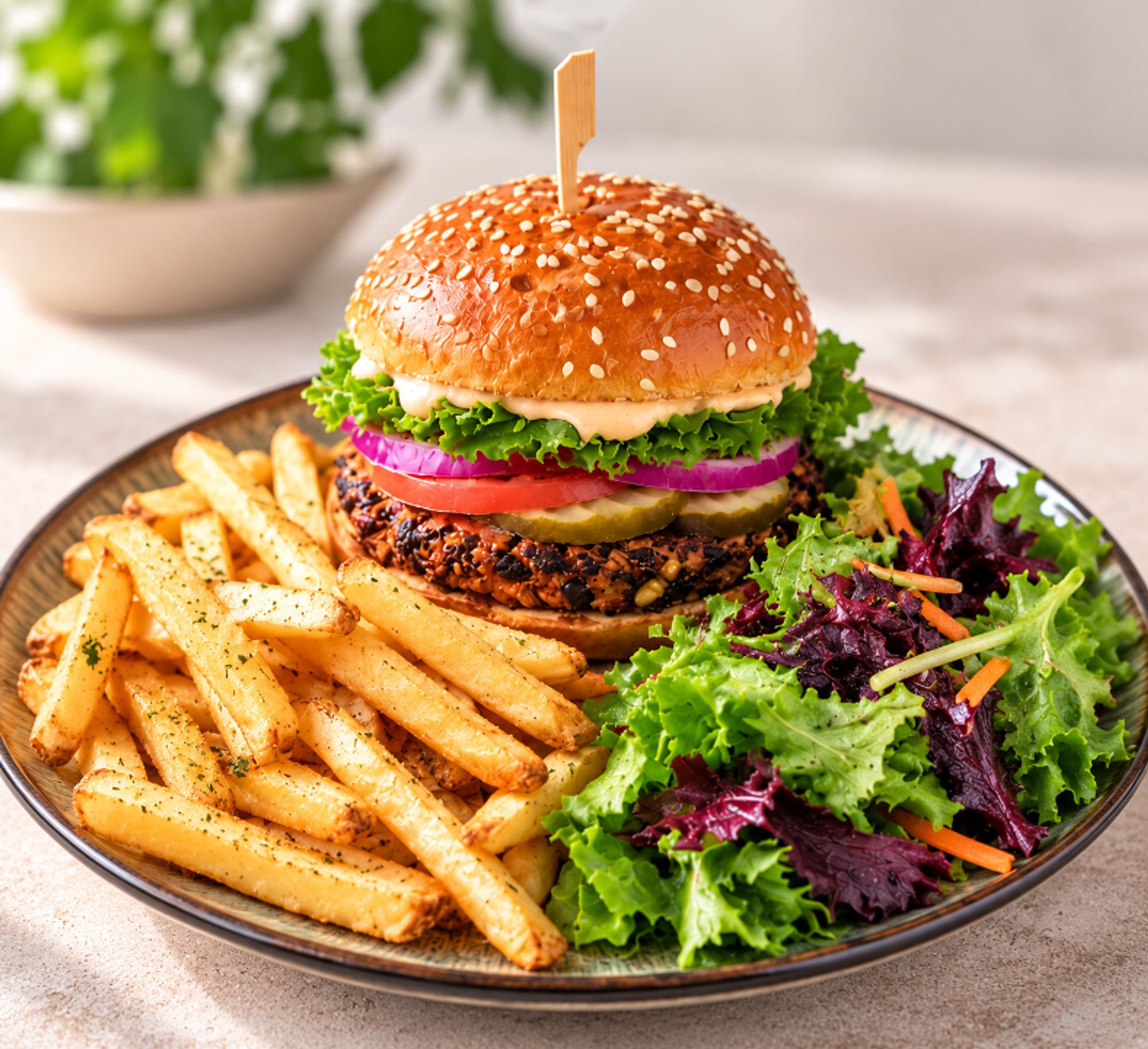 Vegan Burger with Fries & Side Salad