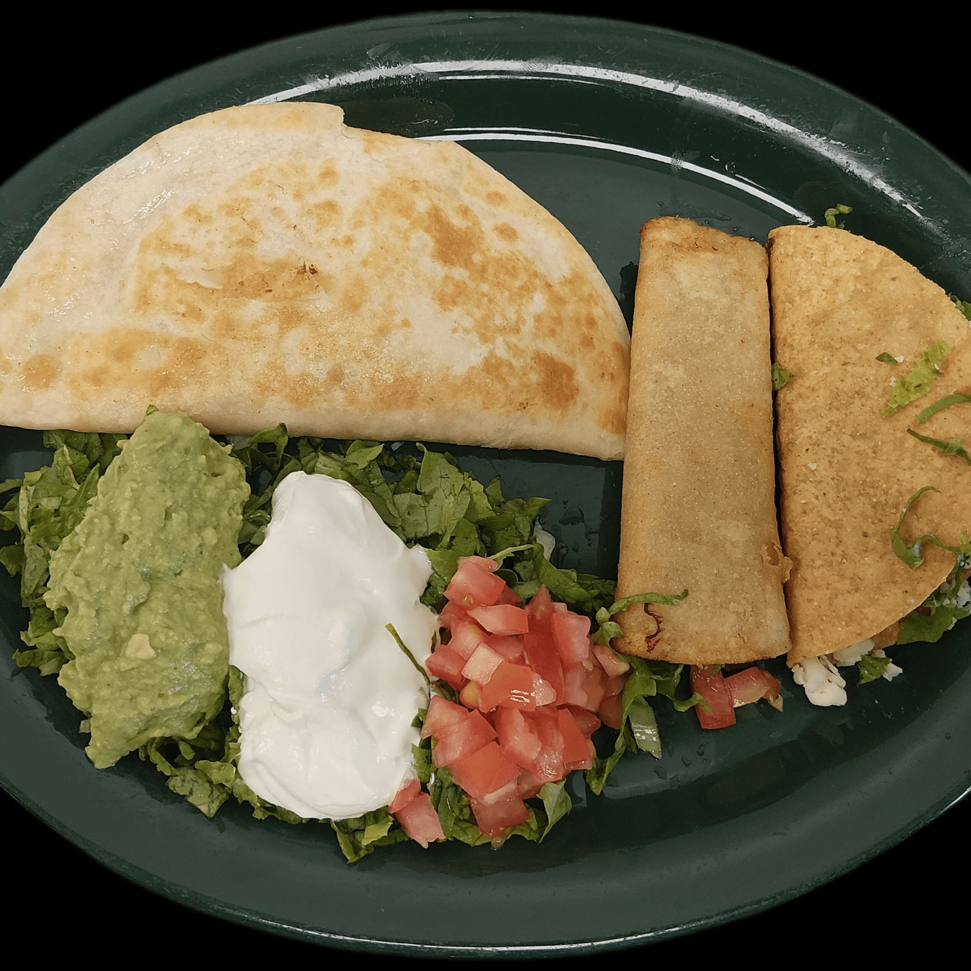 L9. Chicken Quesadilla, Flauta, Taco and Guacamole Salad