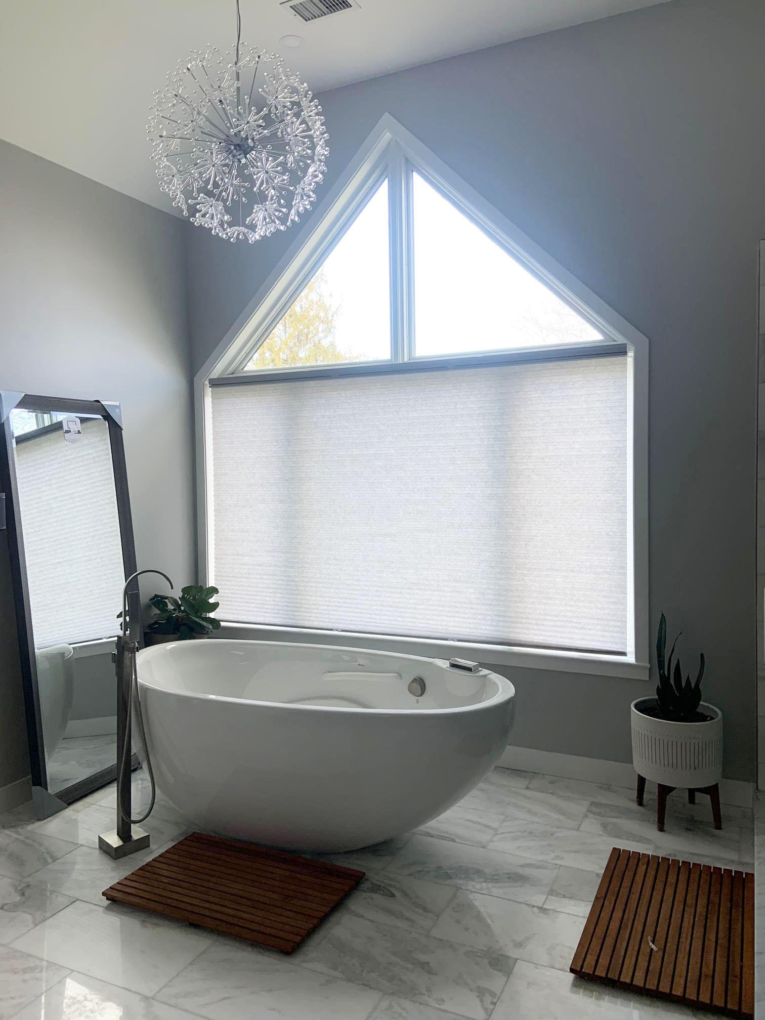 We LOVE this recent install in Barrington! Light filtering cellular blinds in a dreamy bathroom. Ahhh...