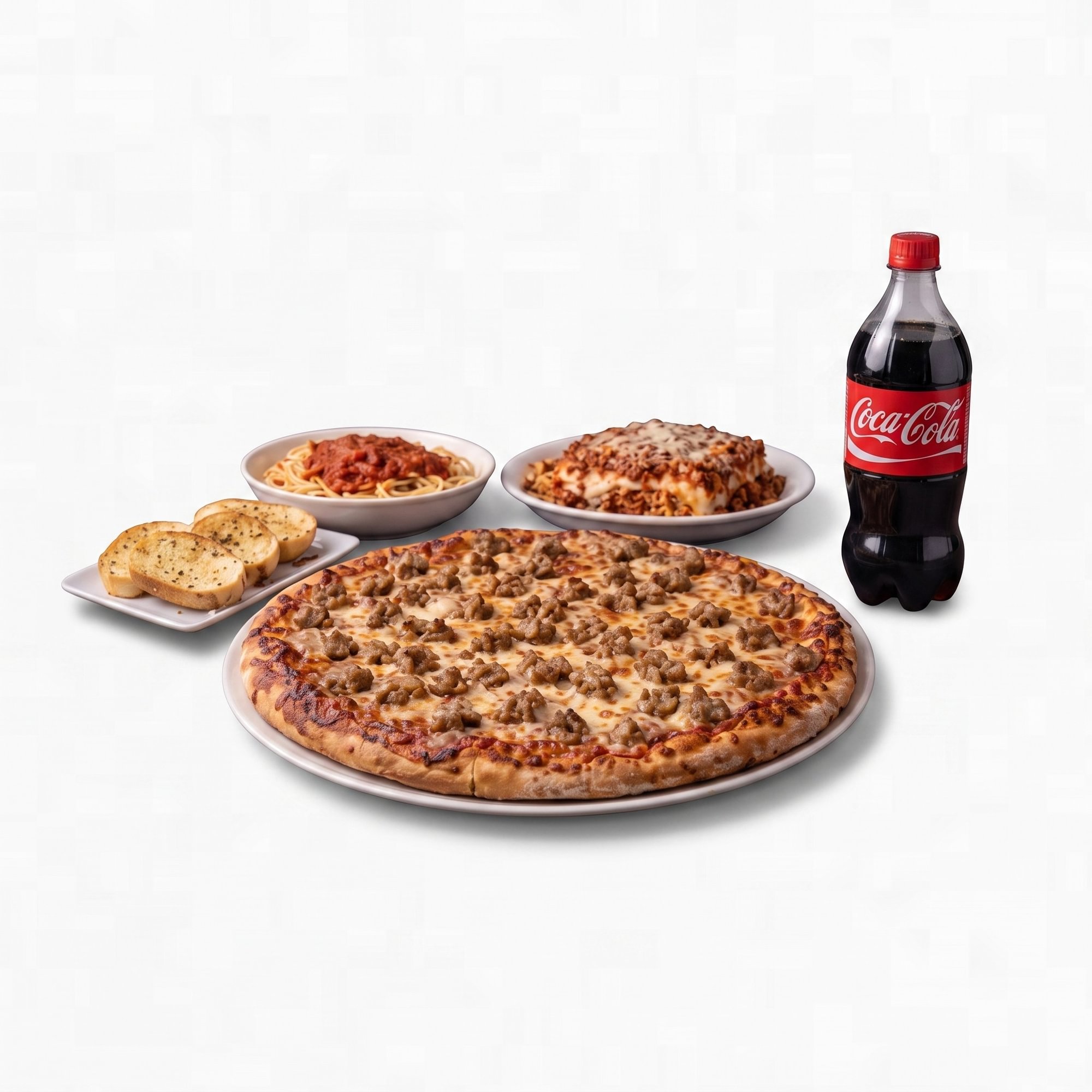 16'' Pizza with Two Toppings, Lasagna Caesar salad, Garlic Bread & 2 Ltr Soda
