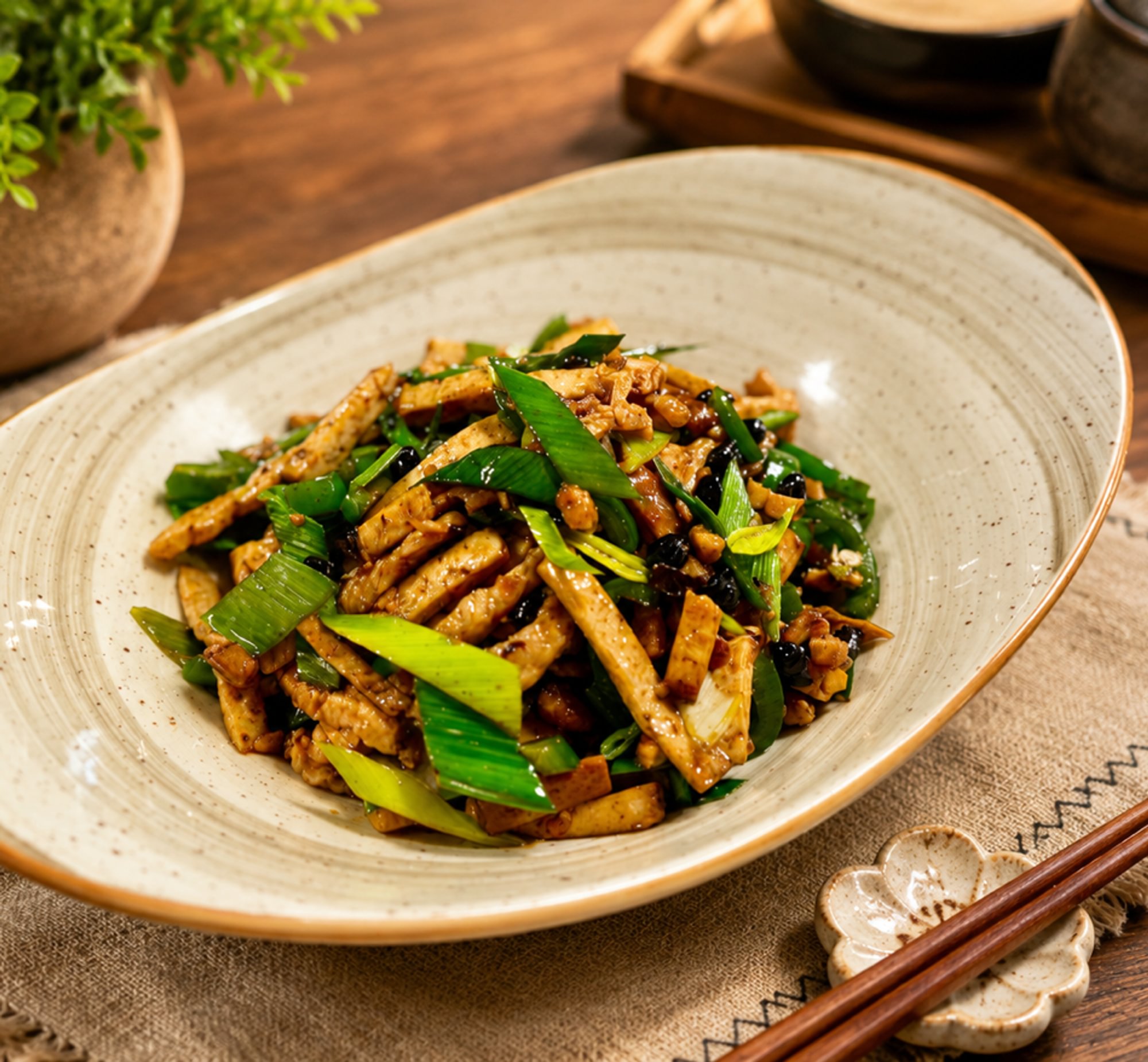 Stir Fried Shredded Pork & Leek with Dried Bean Curd / 辣椒小炒