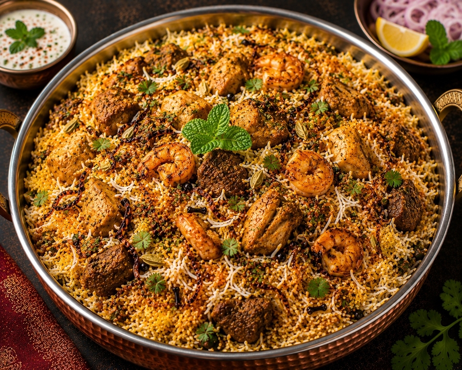 Maharaja Biryani (chicken, goat & shrimp)