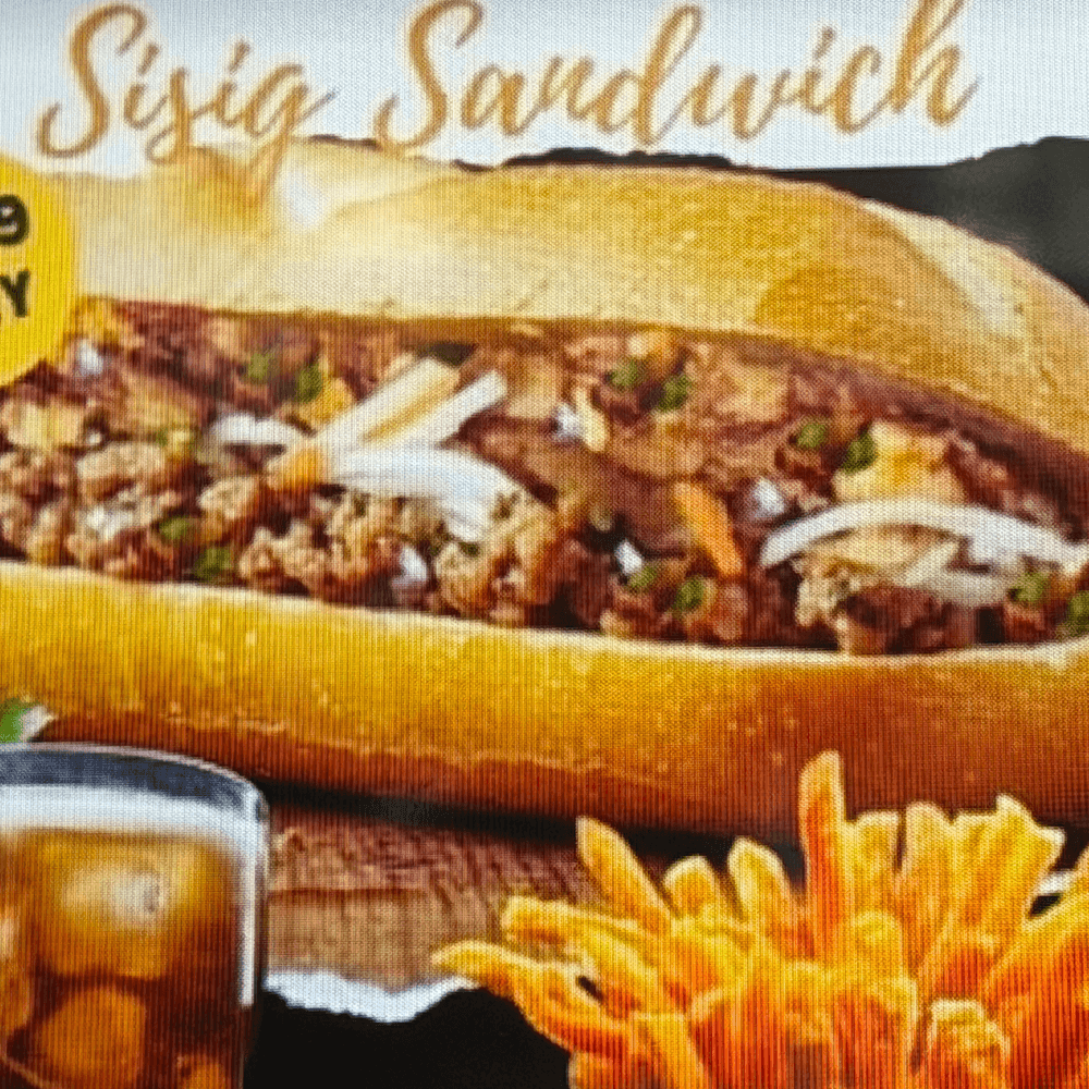 Sisig Sandwich, Fries and Drinks