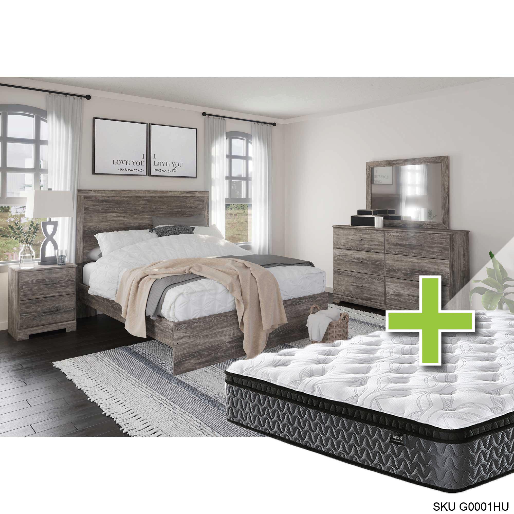 Queen Ralinski Bed w/Highland Premium Pillowtop Plush Mattress & Dresser, Mirror, Nightstand
