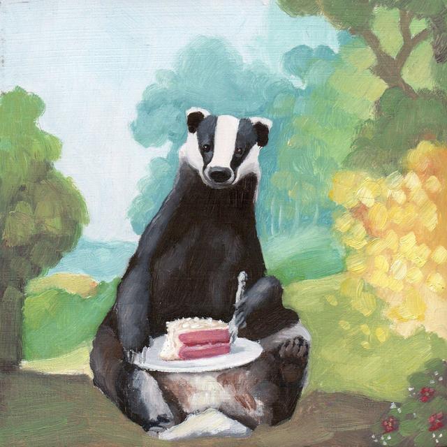 'Strawberry Bavarois Cake' features a happy badger enjoying a slice of cake. Oil on panel, 6 x 6 x 1