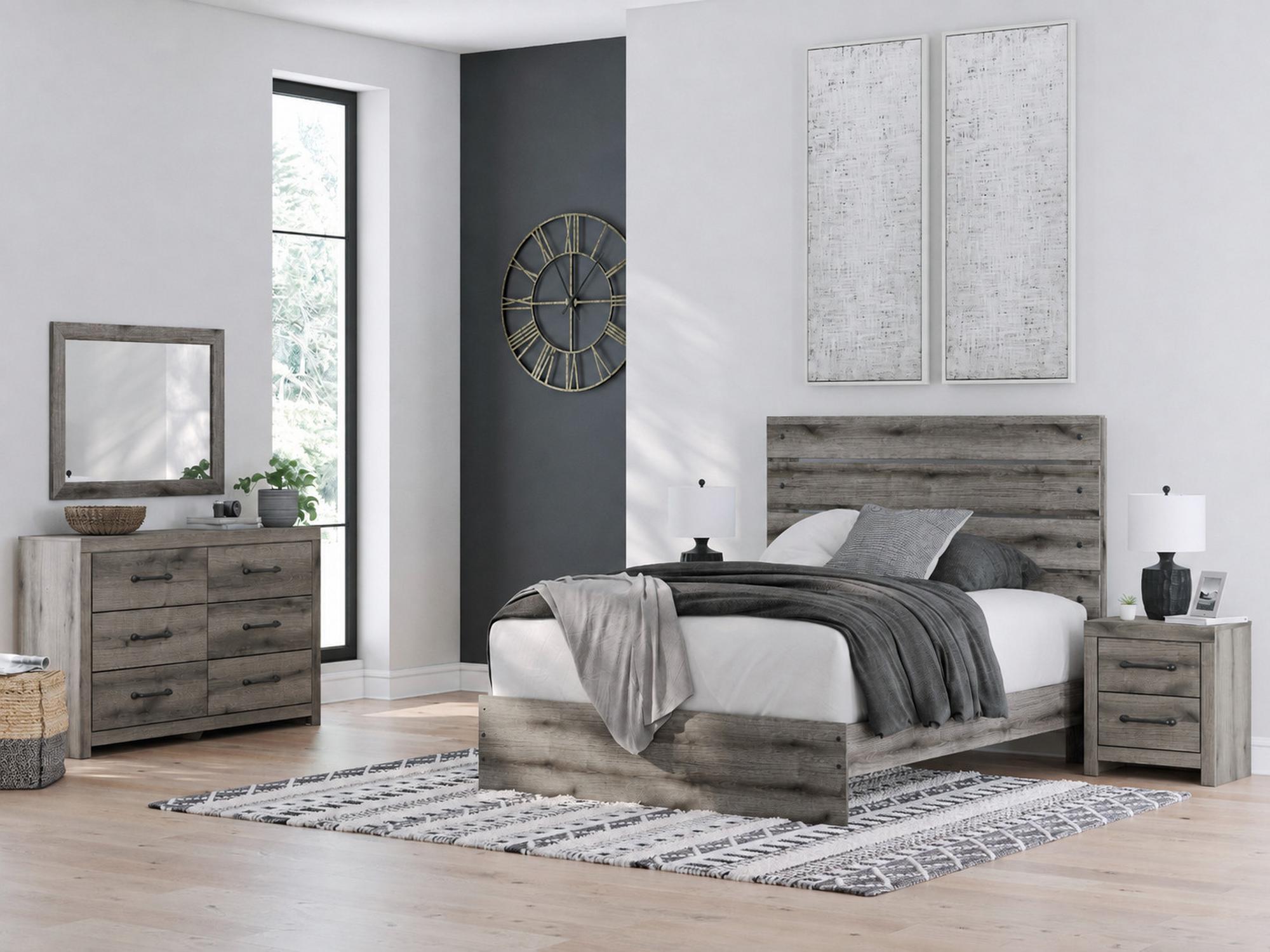 Queen Graystorm Bed w/Dresser, Mirror, Nightstand