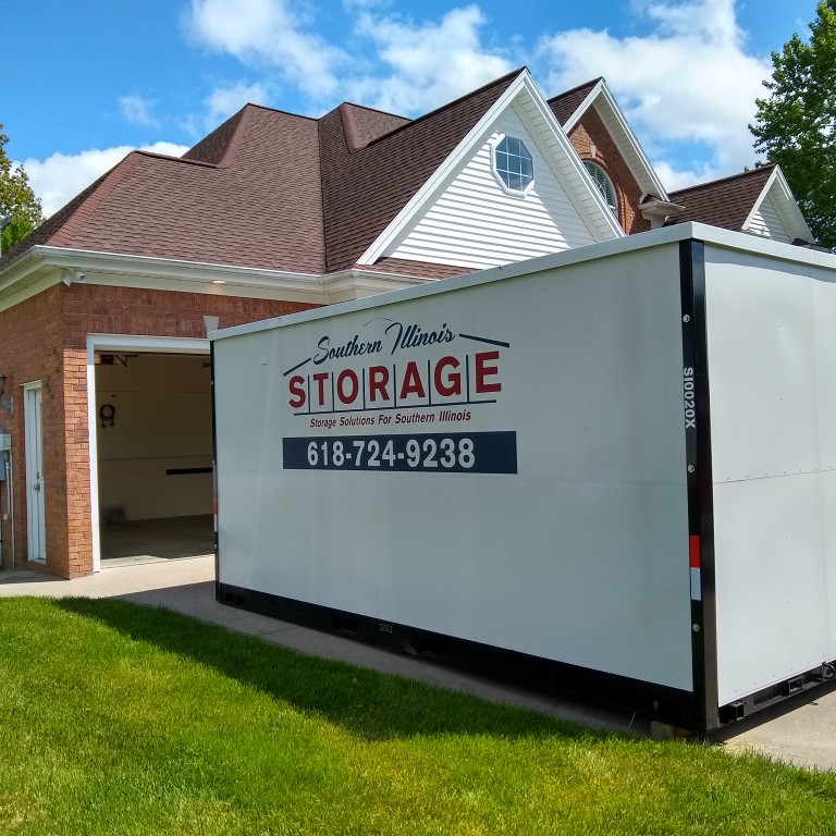 Our 16 foot portable storage container on the move on this beautifulday. Southern Illinois Storage portable storage container rolled into place.
