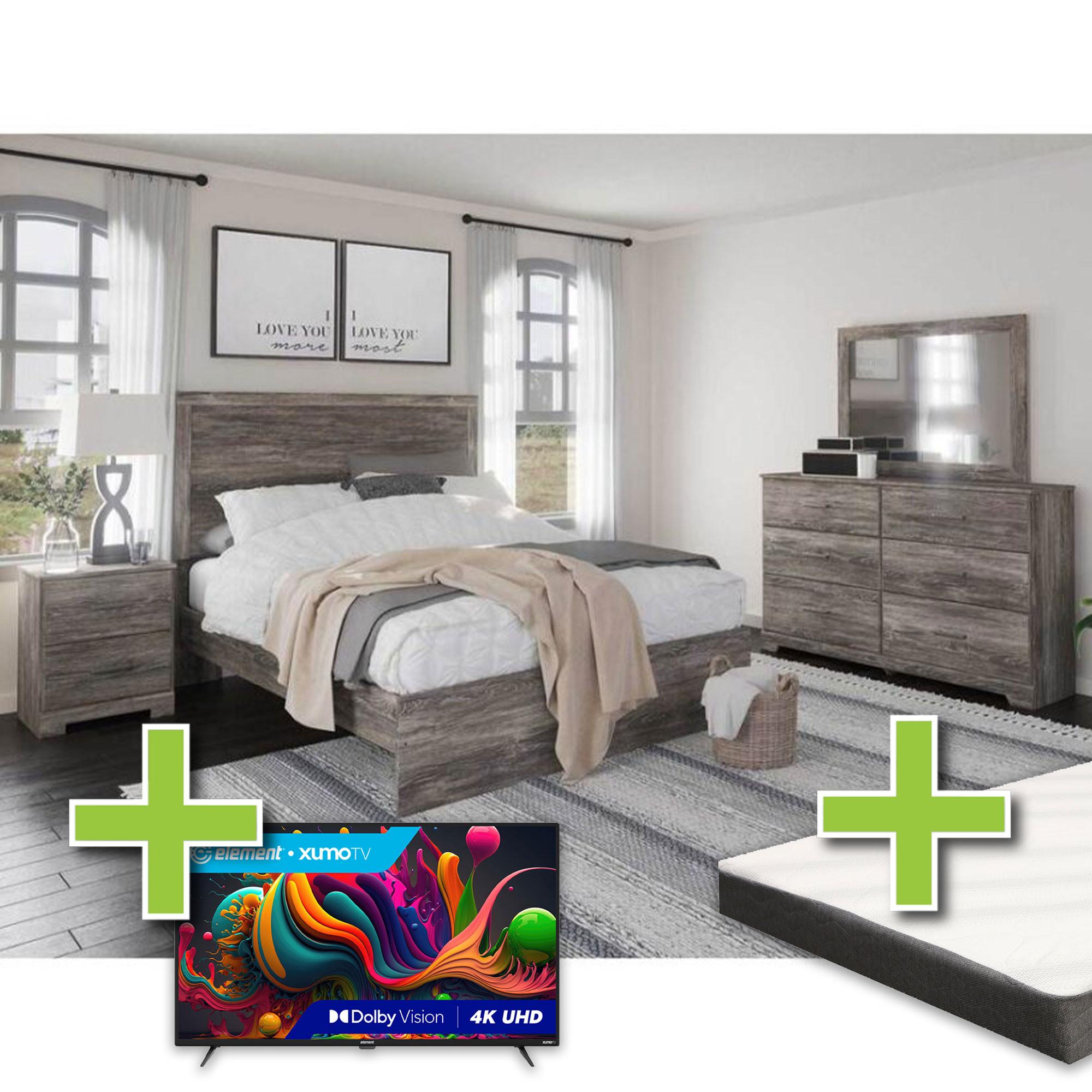 Queen Ralinski Bed w/8" Tight Top Firm Mattress & Dresser, Mirror, Nightstand + 50" TV