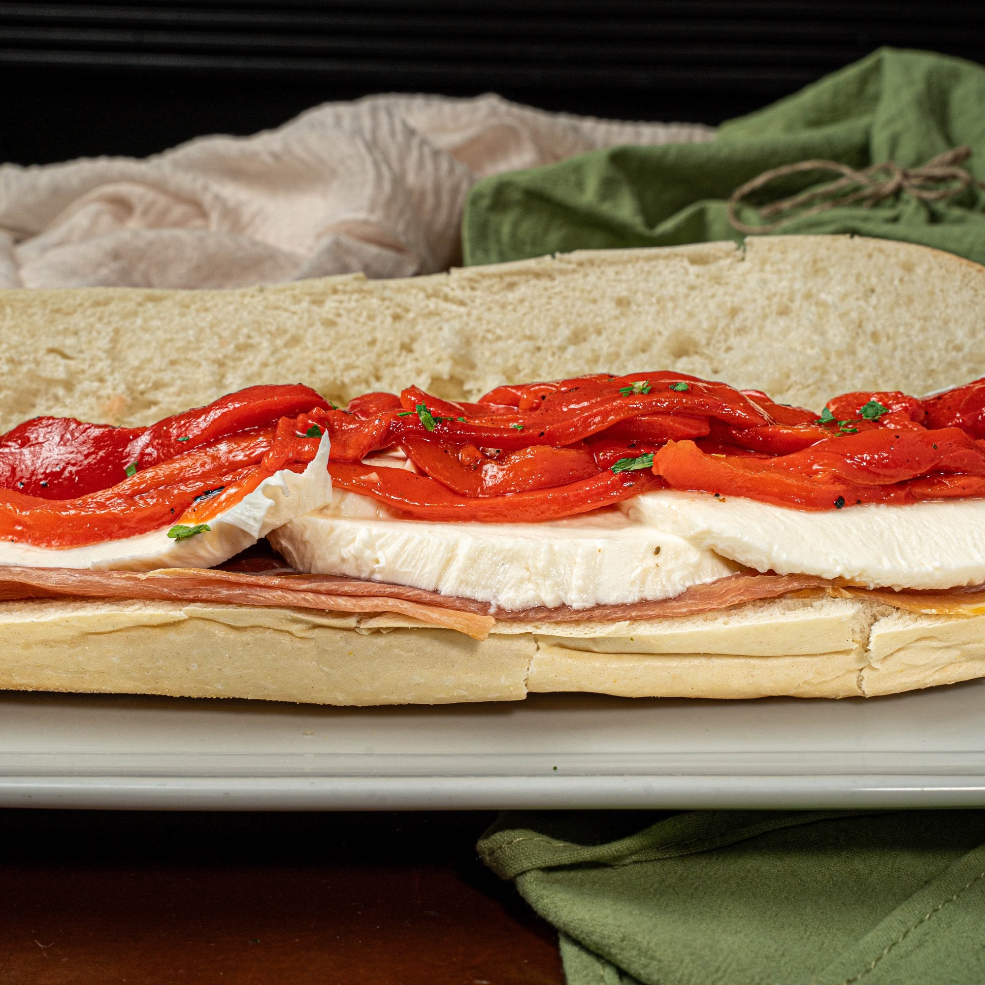 Prosciutto, Fresh Mozzarella & Roasted Peppers Sandwich