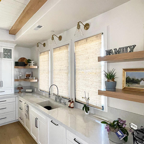 Soft woven Natural Shades in a Kitchen in La Jolla.