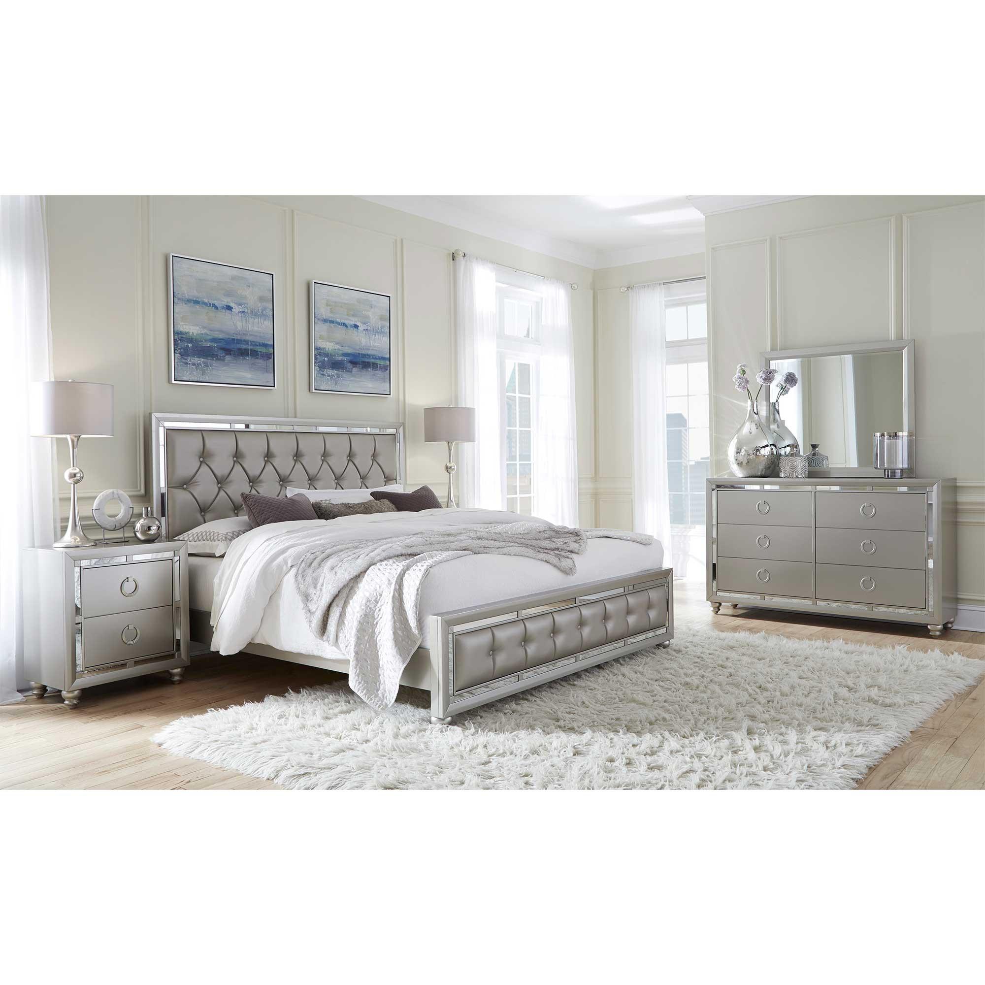 Queen Riley Silver Bed w/Dresser, Mirror, Nightstand