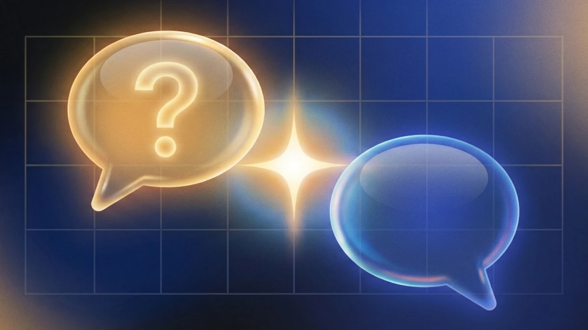 Glowing speech bubbles with a question mark and response, representing AI-generated answers and brand visibility in search