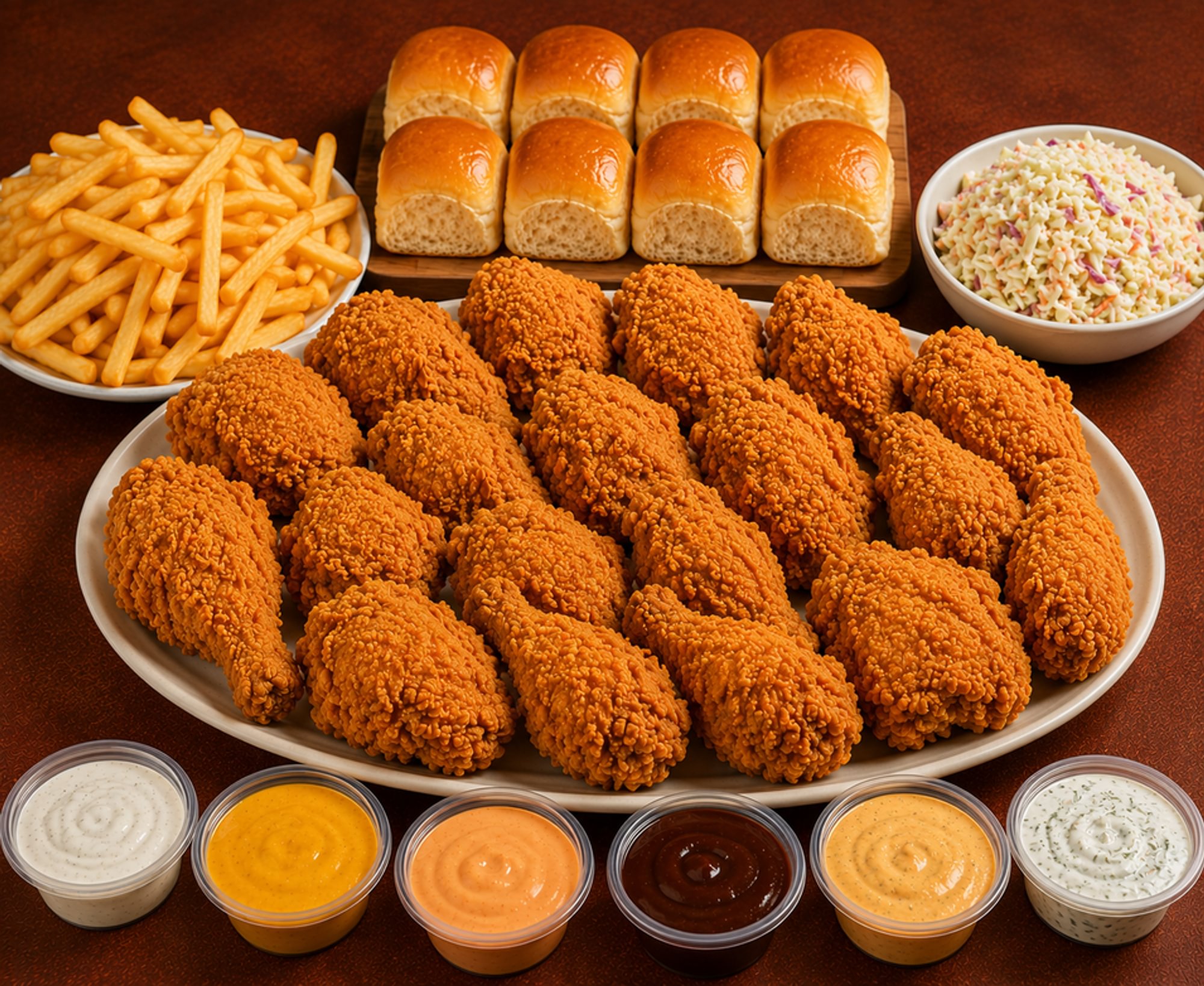 Chicken Broast 16 pieces, fries, Coleslaw, 8 rolls, 6 Dips
