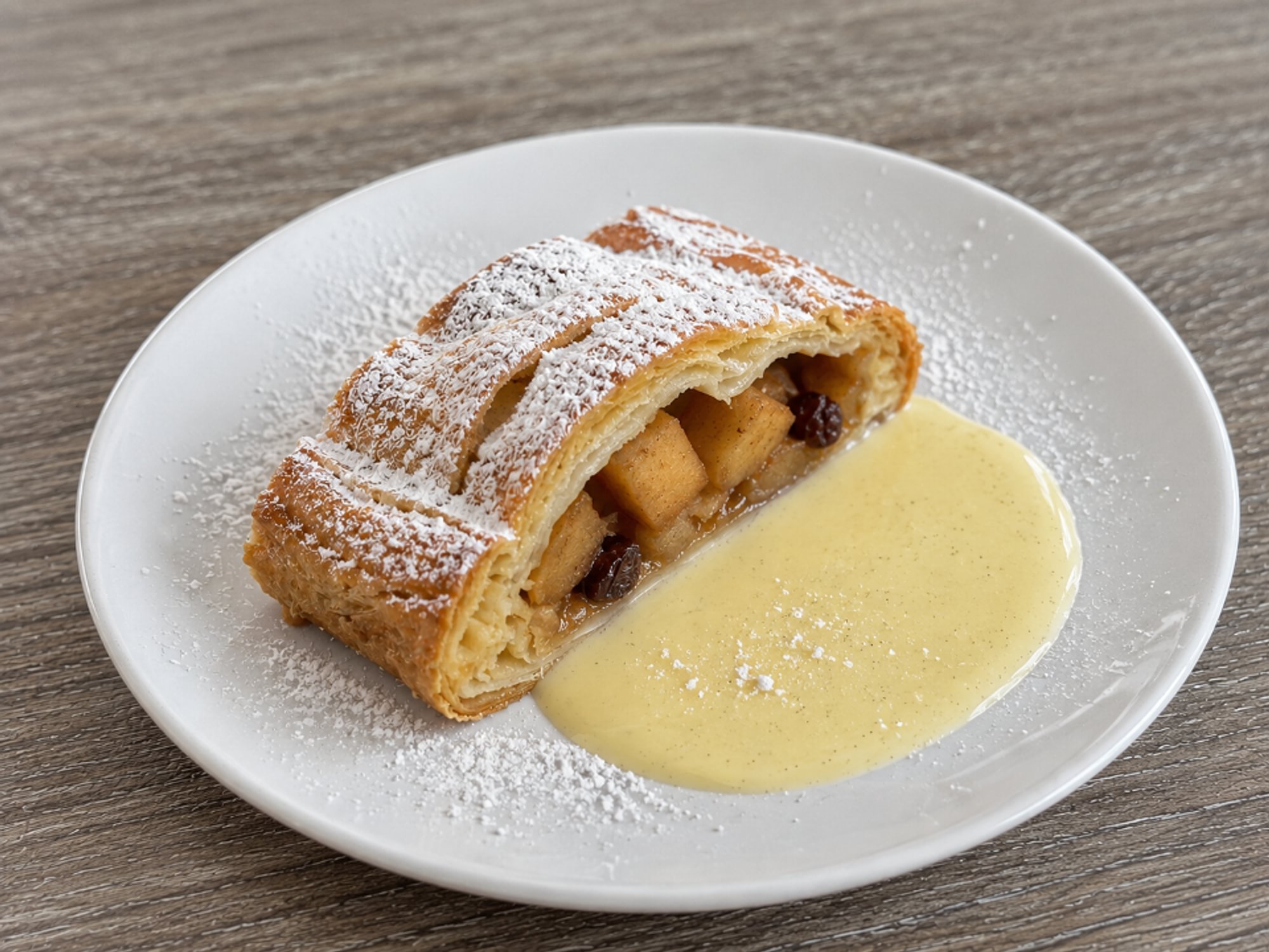 Warm Apple Strudel with Vanilla Sauce