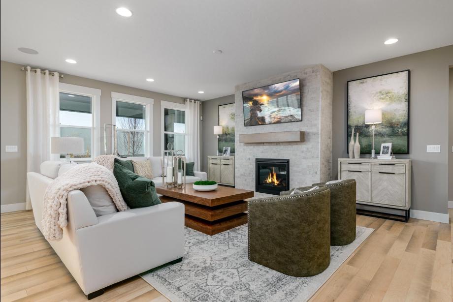 Sizable great room with beautiful brick fireplace